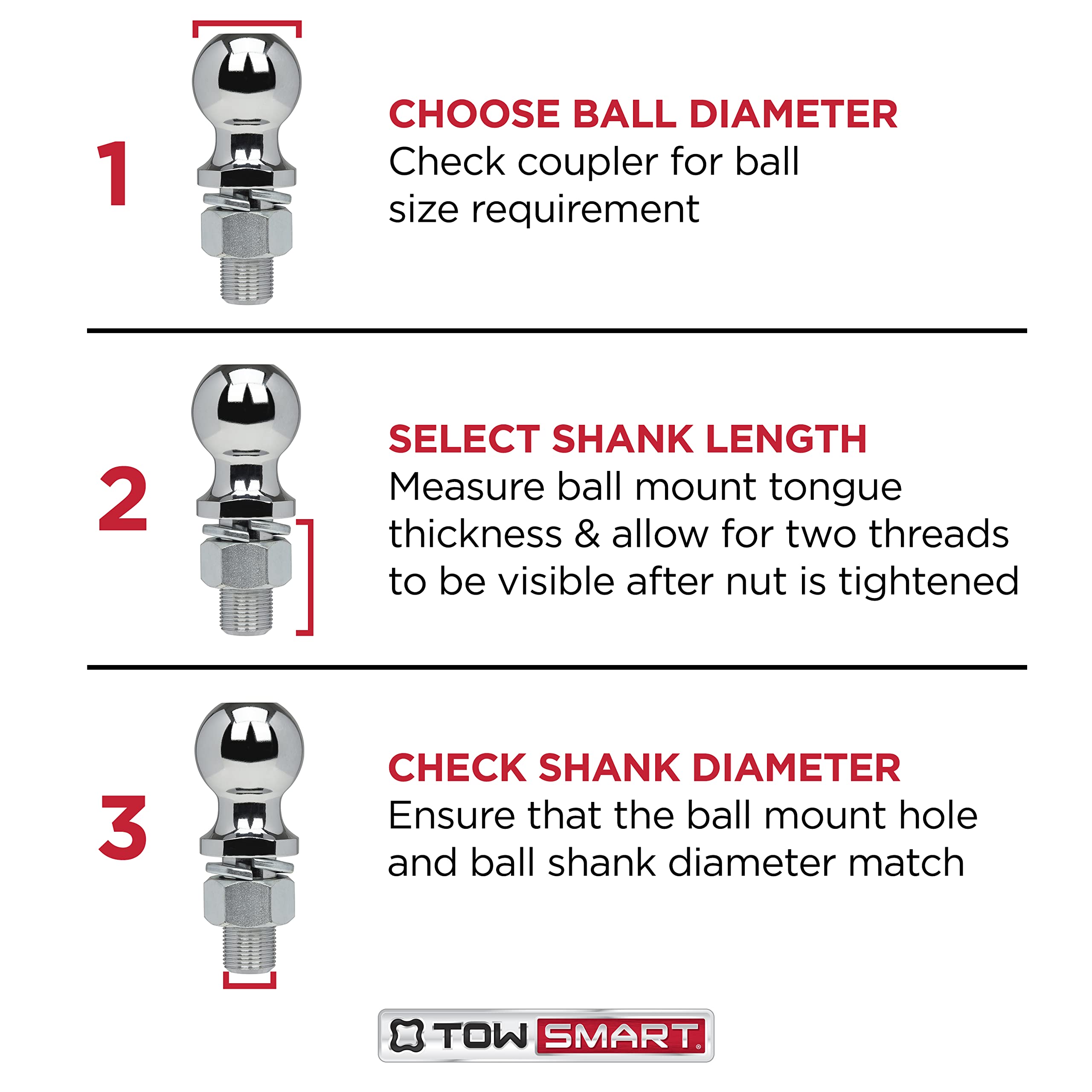 Class III TOWSMART Chrome Trailer Hitch Ball, 5,000 lb., 2 in. Ball Diameter, 1 in. x 3 in. Shank