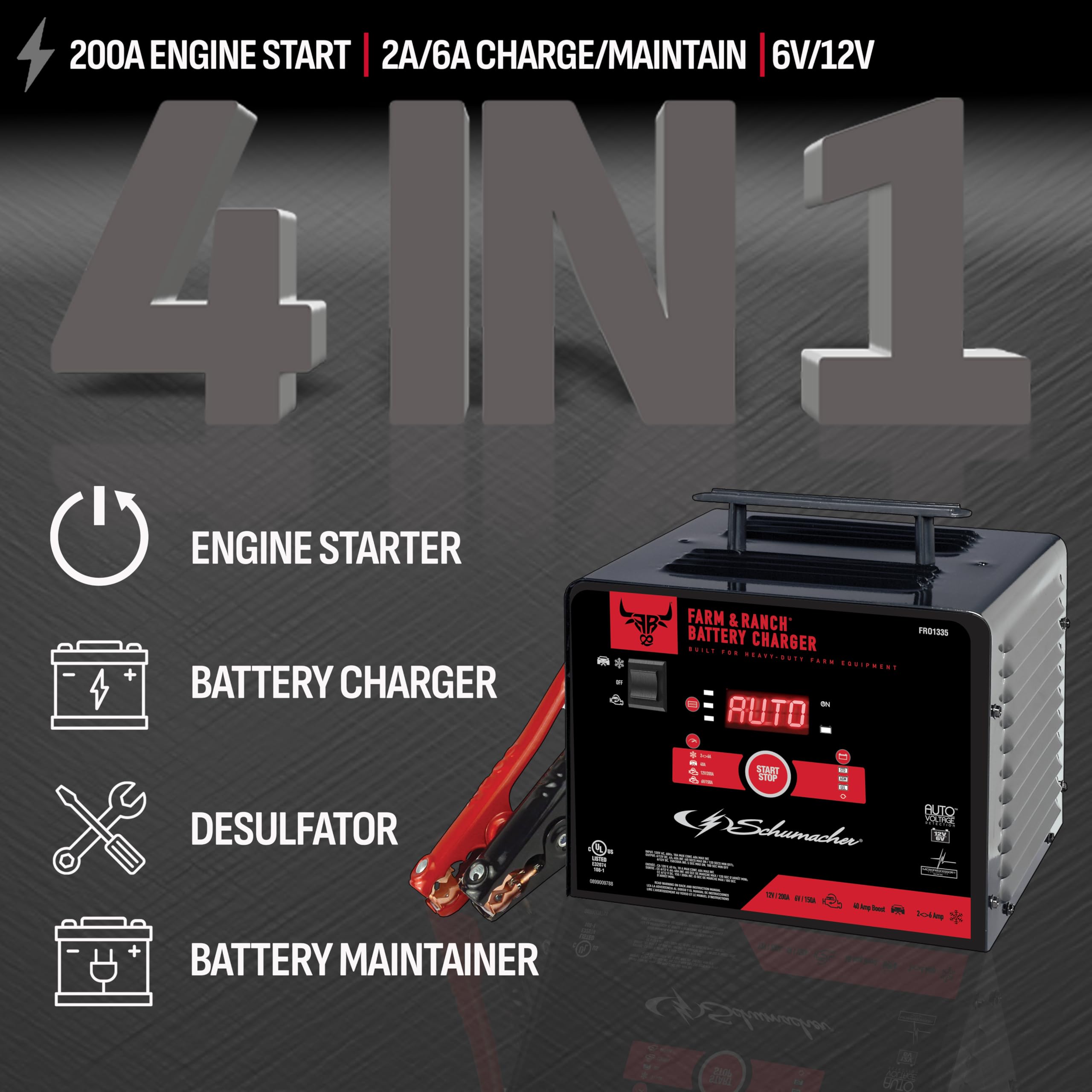 Farm & Ranch Schumacher Electric 6A Car Battery Charger and 200A Engine Starter, 4-in-1 Solution, Maintainer, 40A Boost, for 6V/12V Power Sport, Automotive, and Marine Batteries, FR01335