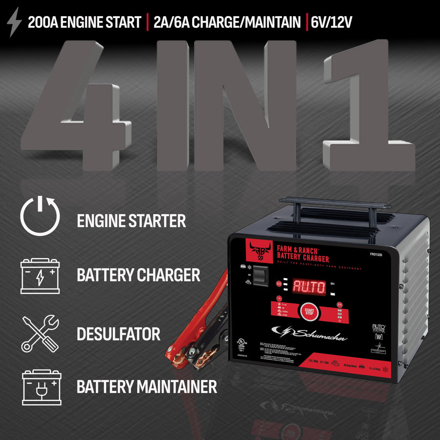 Farm & Ranch Schumacher Electric 6A Car Battery Charger and 200A Engine Starter, 4-in-1 Solution, Maintainer, 40A Boost, for 6V/12V Power Sport, Automotive, and Marine Batteries, FR01335