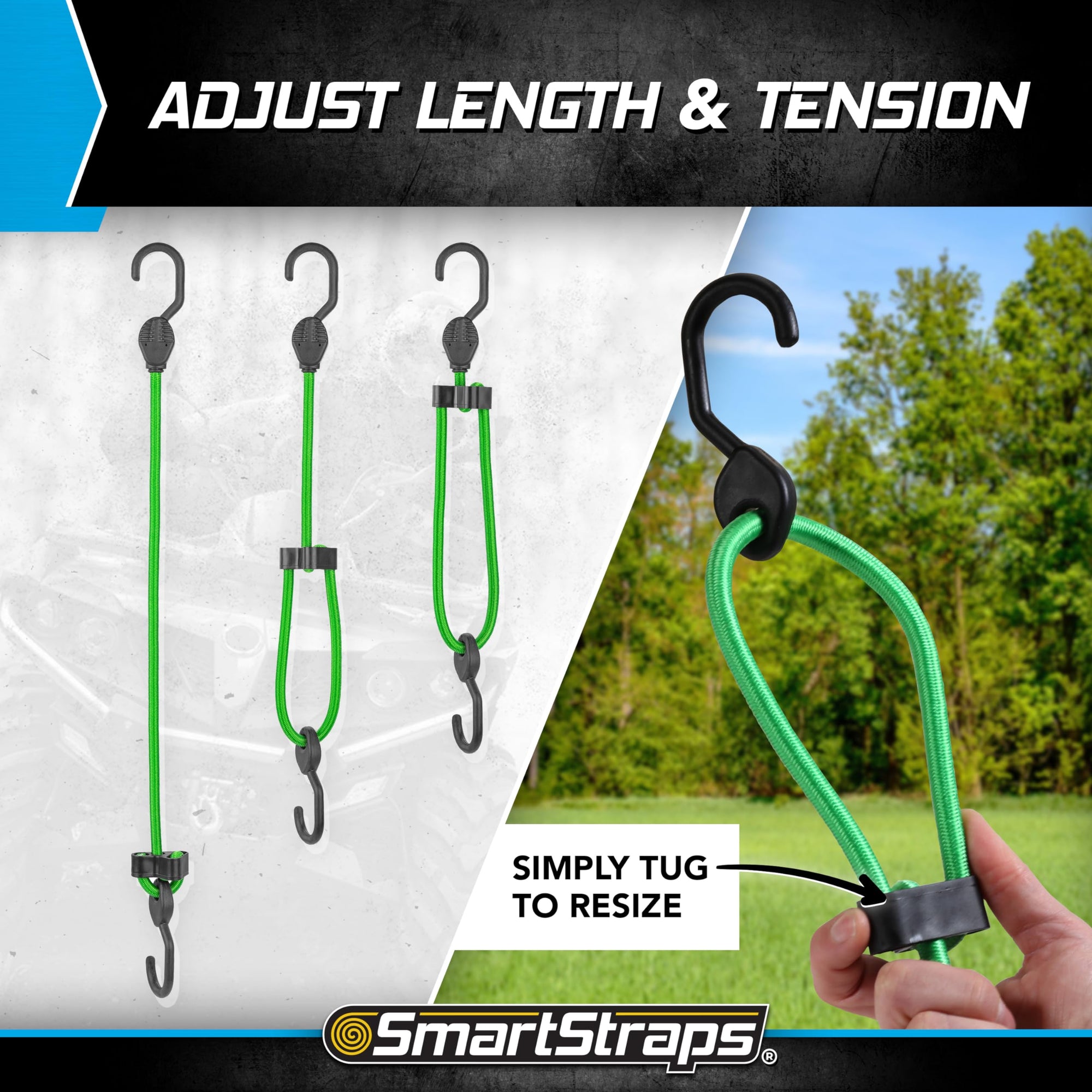 Adjustable SmartStraps Bungee Cords, 5 Piece Value Pack — Bungee Cords Distribute Load To Reduce Slipping — Secure Light Loads Such As Coolers, Luggage and Gas Cans