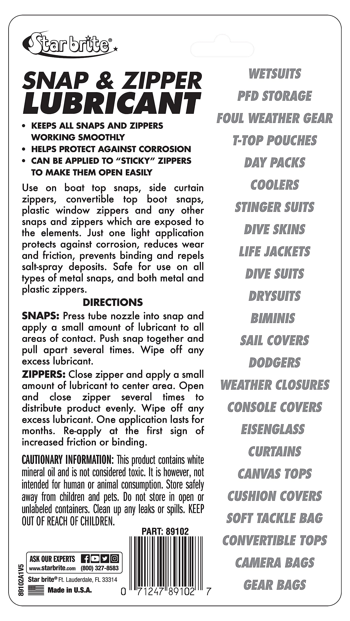 STAR BRITE Lubricant Snap & Zipper - Clear, Non-staining for Clothes, Jeep Tops, Wetsuits, Dive Suits, Gear Bags, Coolers, Biminis, Cushion Covers & More 1.75 OZ (089102)