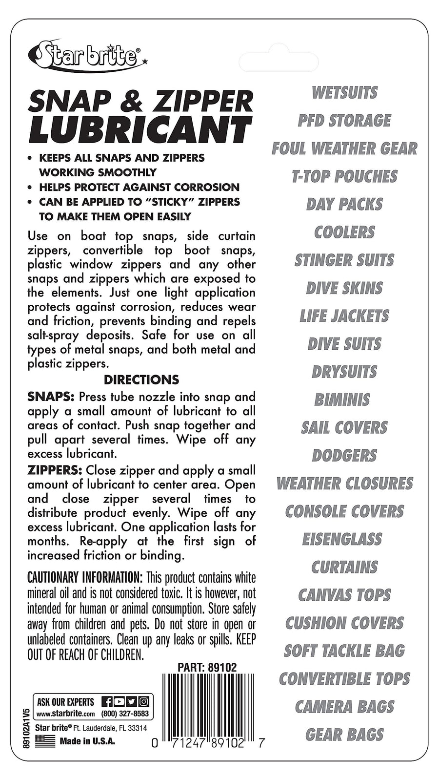 STAR BRITE Lubricant Snap & Zipper - Clear, Non-staining for Clothes, Jeep Tops, Wetsuits, Dive Suits, Gear Bags, Coolers, Biminis, Cushion Covers & More 1.75 OZ (089102)