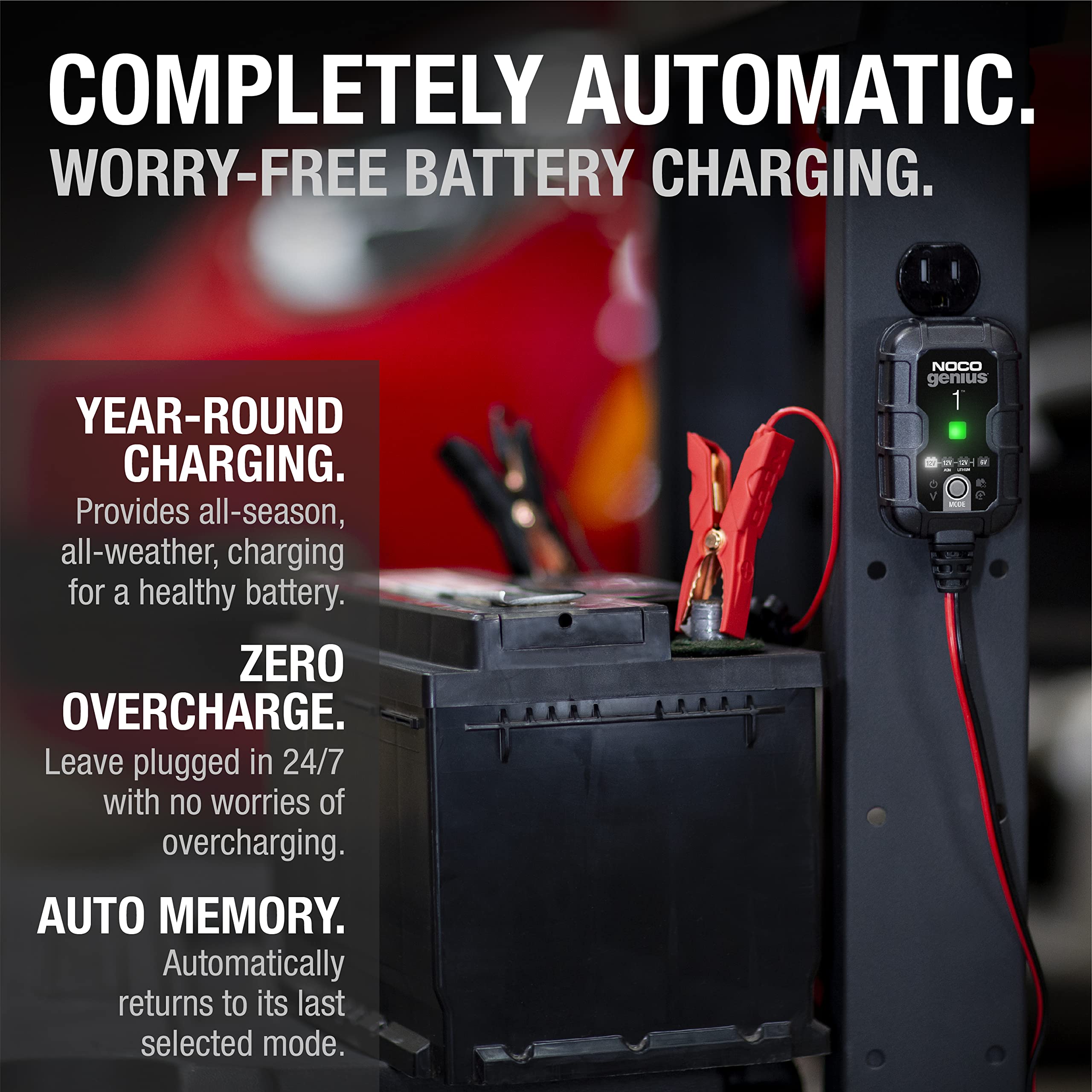 GENIUS1 NOCO: 1A 6V/12V Smart Battery Charger – Automatic Maintainer, Trickle Charger & Desulfator with Overcharge Protection & Temperature Compensation – for Lead-Acid & Lithium Batteries