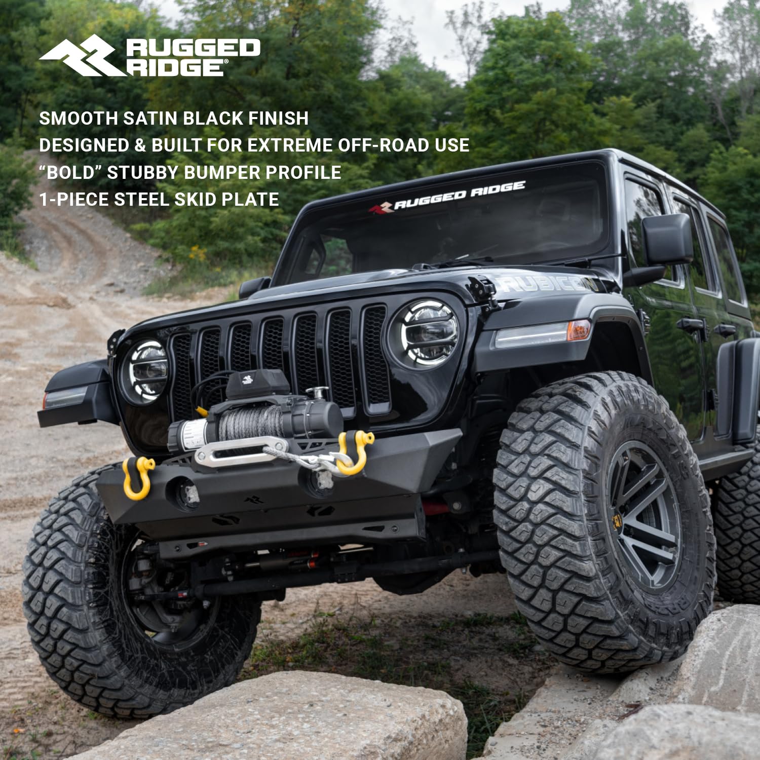 Front Rugged Ridge XOR Bumper for Jeep Wrangler/Gladiator | Stubby w/Skid Plate, Steel, Black | 11541.21 | Fits 2018-2025 Jeep Wrangler JL; 2020-2025 Jeep Gladiator JT