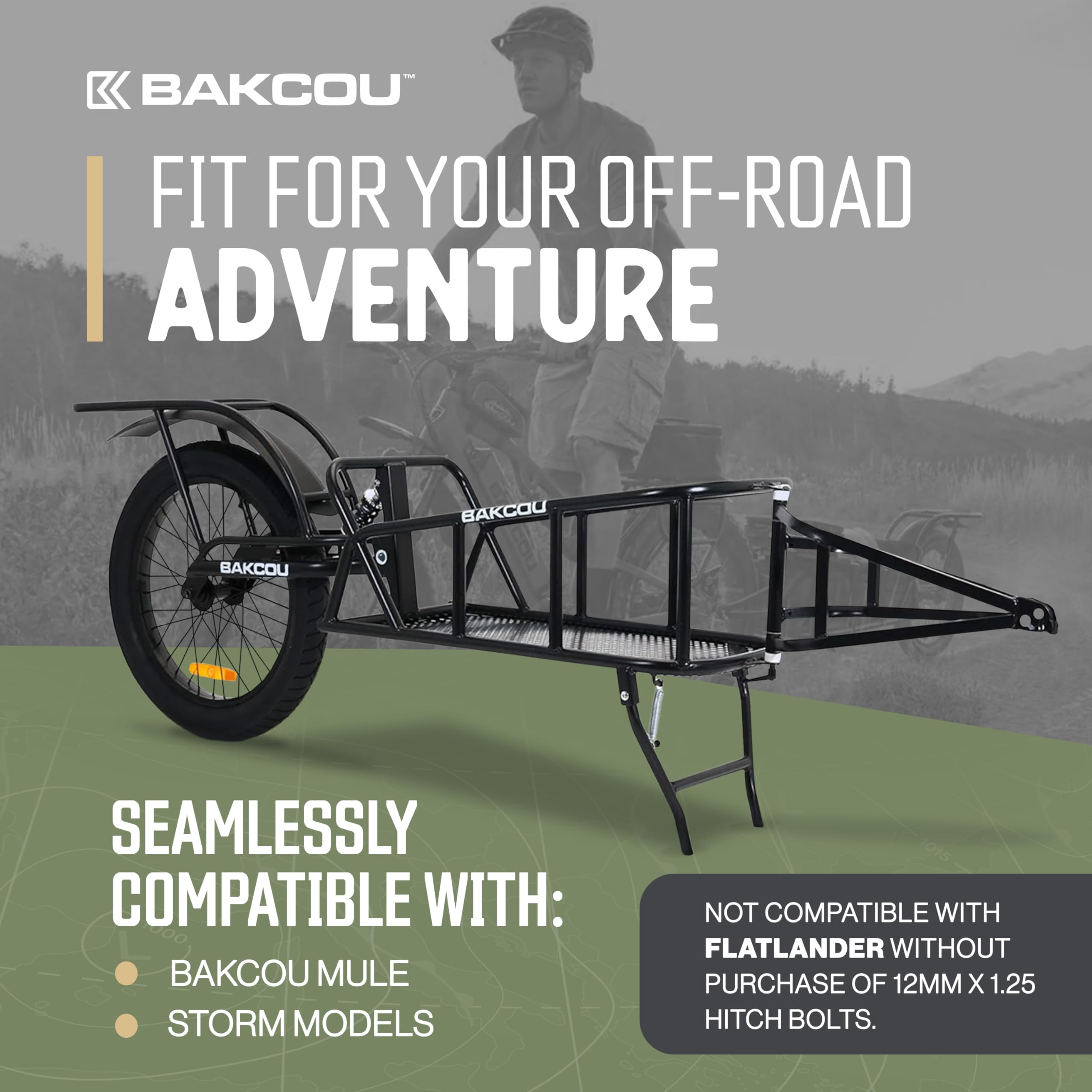Bakcou - Cargo eBike Trailer Hunting - Single Wheel, Mule-Storm Compatible, 50-90lbs Capacity, 20" Fat Tire, All-Terrain, Canvas Liner, Fender