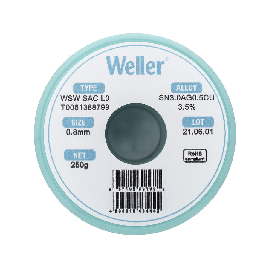 Weller Lead Free Solder Wire WSW SAC L0 (T0051388799), Dia: 0.8 mm / 0.039 in, Wt: 250 g / 8.818 oz, Alloy Sn96.5Ag3.0Cu0.5, Flux content 3.5%