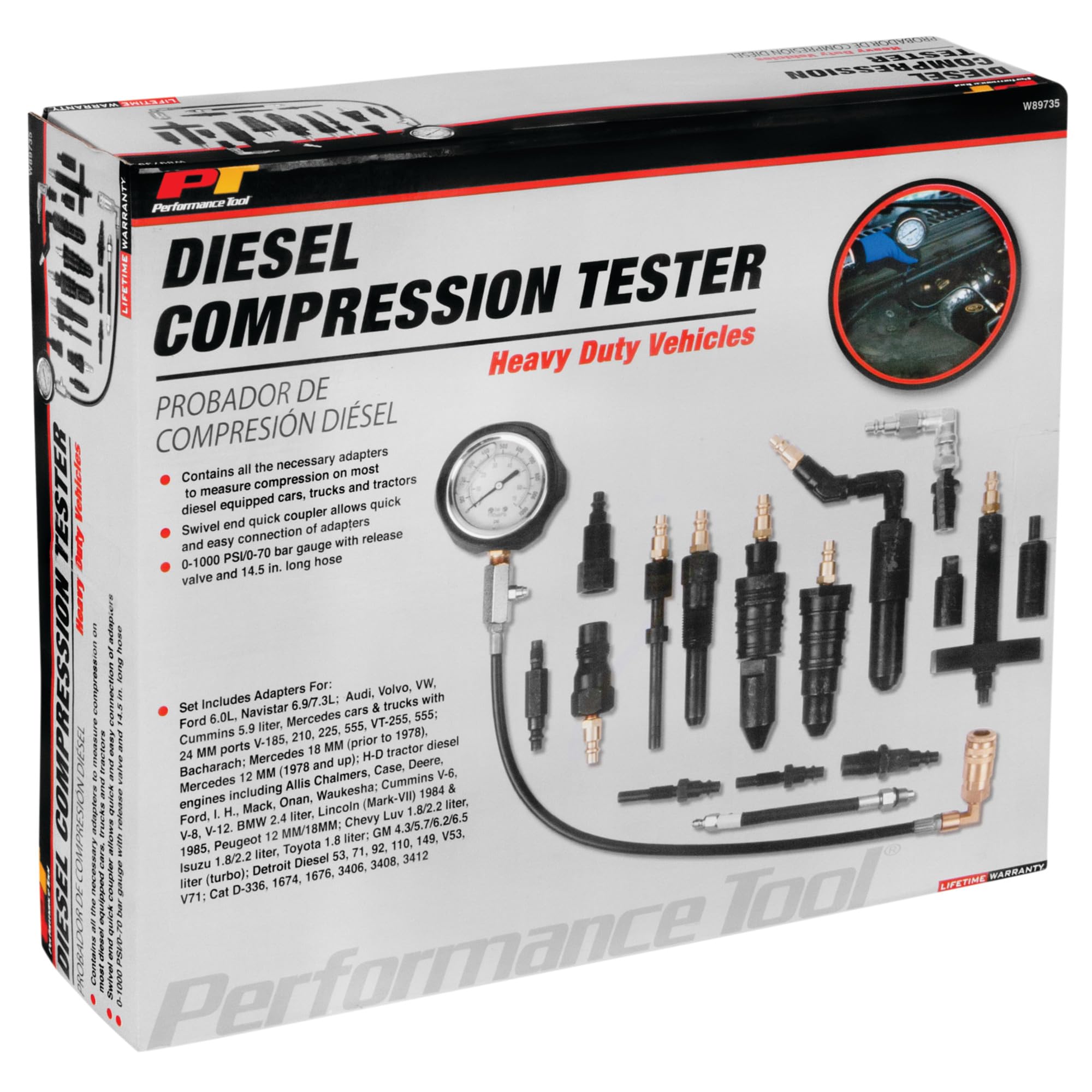 Diesel Compression Tester Kit Performance Tool W89735 for Large Cars, Trucks, Tractors, and Other Heavy-Duty Vehicles in Tough Organizer Case