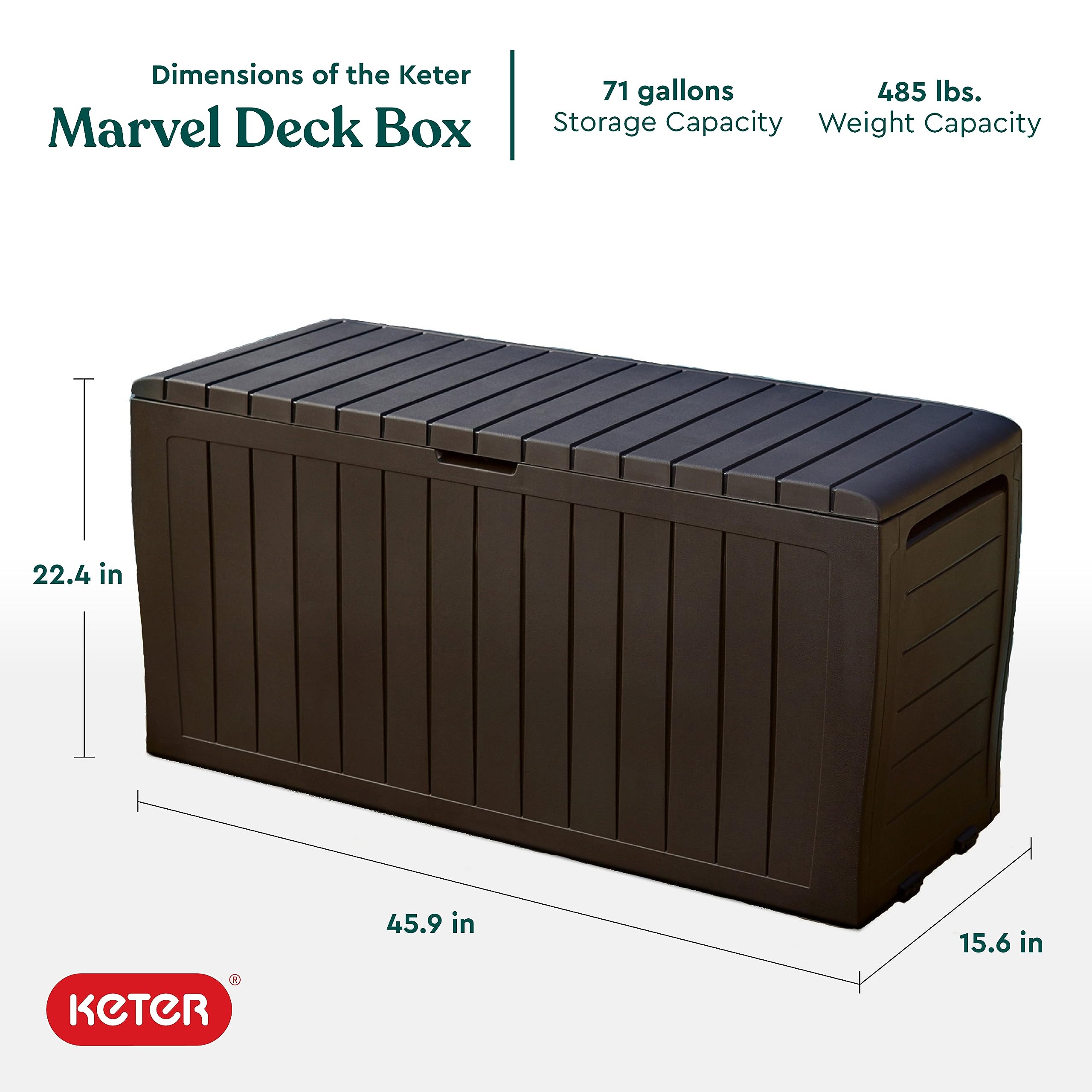 Keter 71 Gallon Marvel Plus Resin Outdoor Storage Box for Patio Furniture Cushions, Throw Pillows, Garden Tools and Pool Floats, Brown