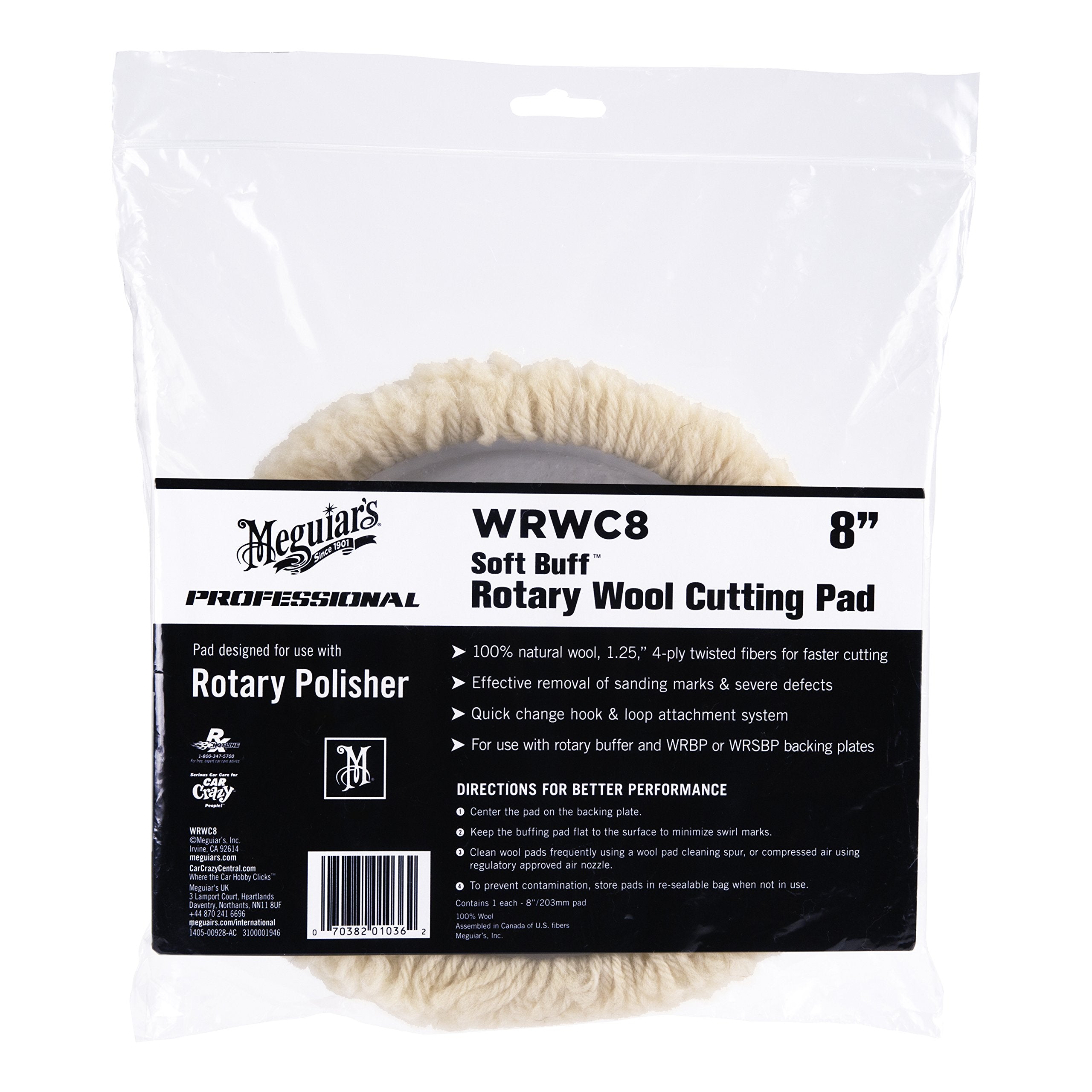 8" Meguiar's Soft Buff Rotary Wool Cutting Pad, WRWC8 - Professional Paint Correction Pad for Removing Heavy Defects - Heavy Cut for Use with a Rotary Buffer, 1 Count