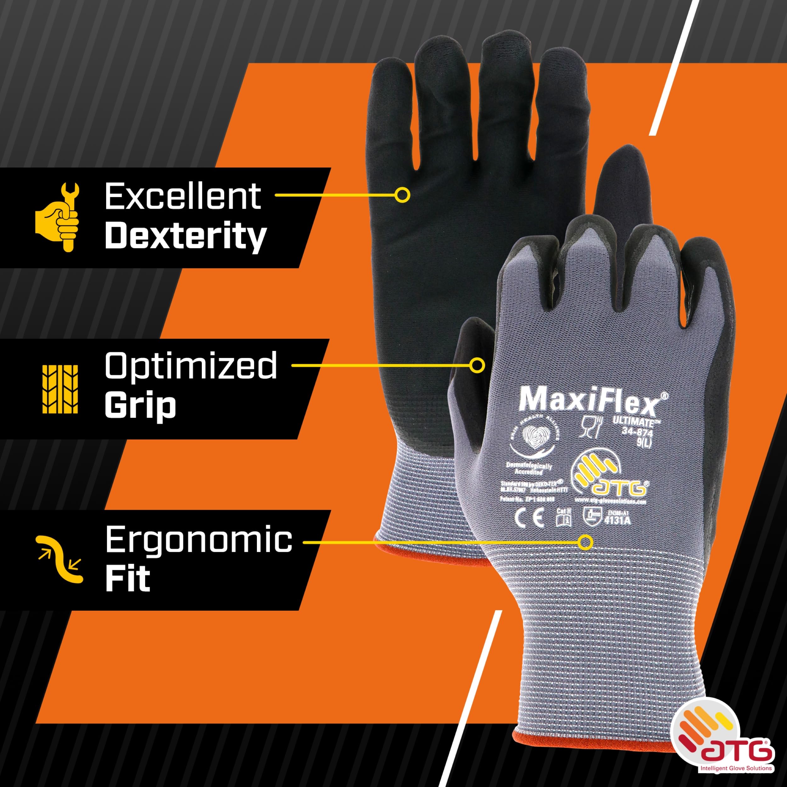 Maxiflex Ultimate ATG 34-874T/L, 15G Gray Nylon Shell, Black Nitrile Grip, Tagged Gray L