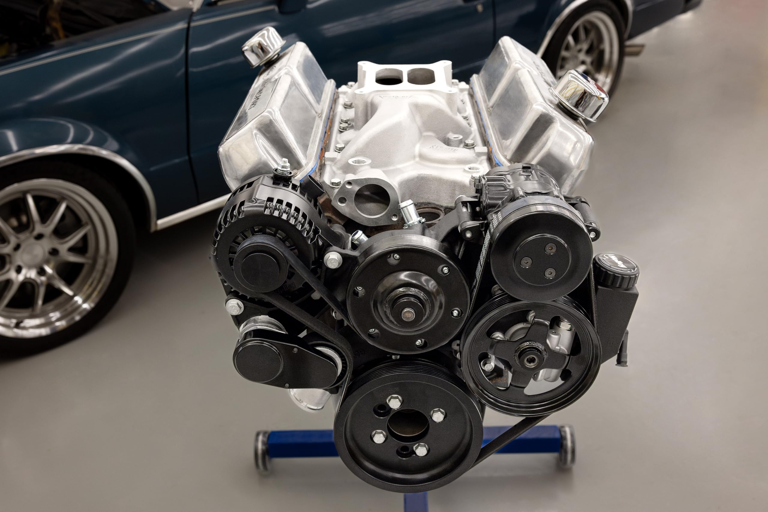Holley Complete Serpentine Drive Front Accessory Conversion System | Mid-Mount with Water Pump, Alternator, A/C & Power Steering | Fits 289-302-351W Small Block Ford Black Finish 20-370BK
