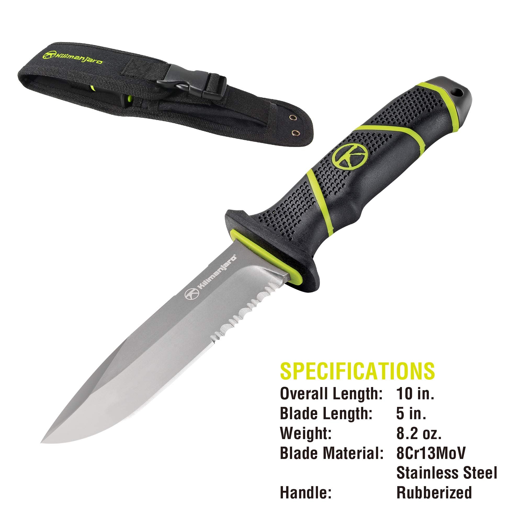 Kilimanjaro 10 Inch Kibo Fixed Blade Knife – 8Cr13MoV Semi-Serrated Stainless Steel Drop Point Blade, Rubberized High-Grip Handle, MOLLE Sheath, Outdoor Survival Hunting Knife – 910091