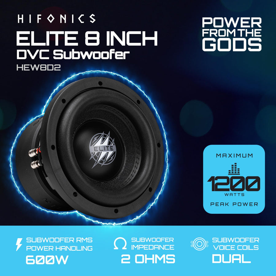 8 Inch Hifonics Elite Car Mount Subwoofer with Dual 2 Ohm Voice Coil Speaker 1200 Watt Peak Power Mobile Amplifier System, Black