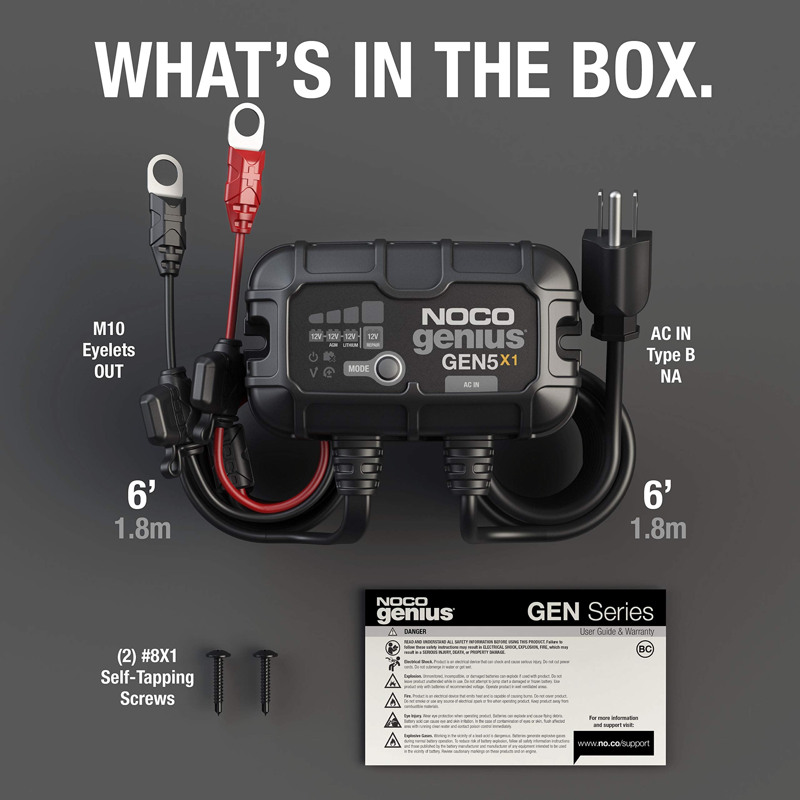 GEN5X1 NOCO Genius: 1-Bank, 5A Onboard Battery Charger - 5A Per Bank, 12V Waterproof Marine Charger with Overcharge Protection & Temperature Compensation – for Lead-Acid & Lithium Batteries