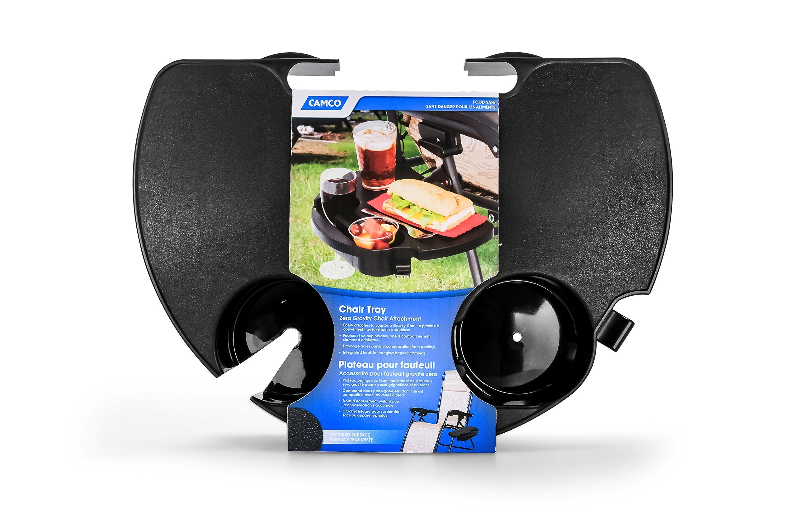 Zero Gravity Chair Tray Camco - Features 2 Cup Holders & Built-in Hook for Bags - Textured Non-Slip Surface & Drainage Holes in Cup Holders (51834)