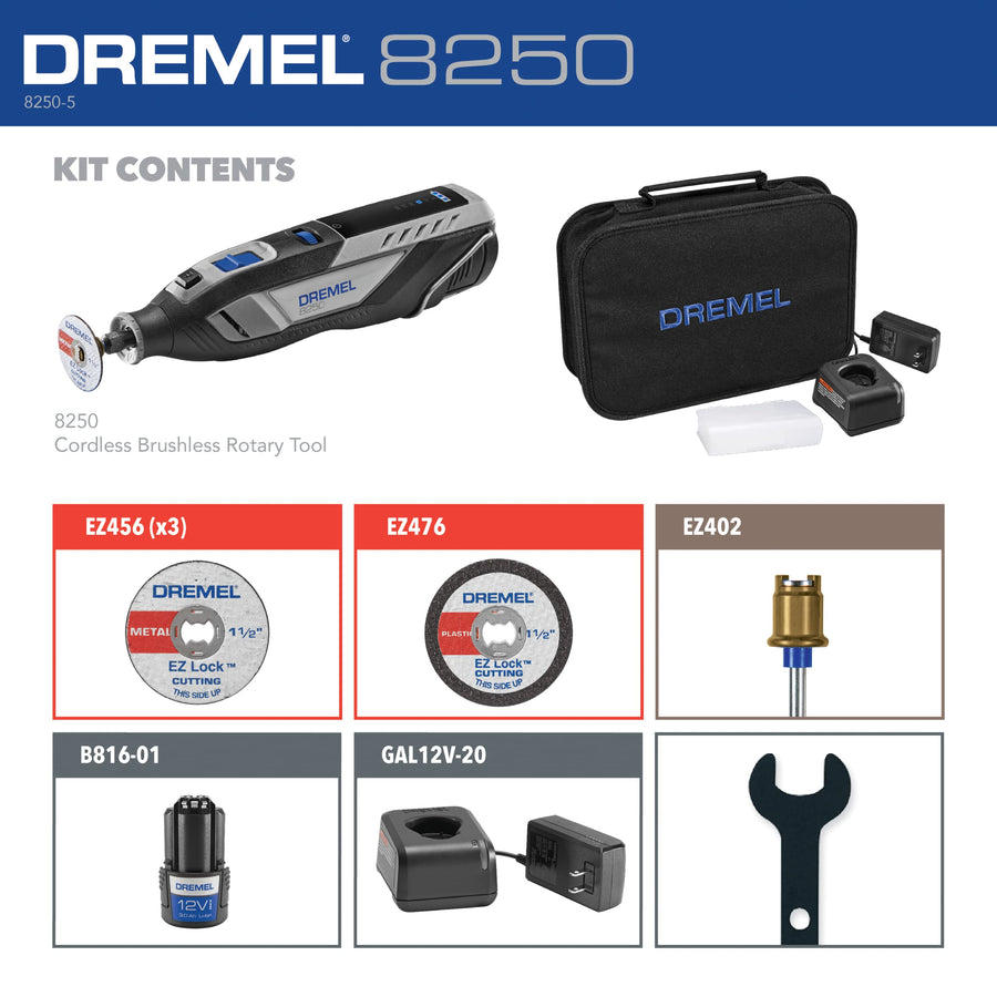 Dremel 12V Lithium-Ion Variable Speed Cordless Rotary Tool 8250-5 with Brushless Motor - 5 Rotary Tool Accessories, 3Ah Battery, Charger, and Tool Bag