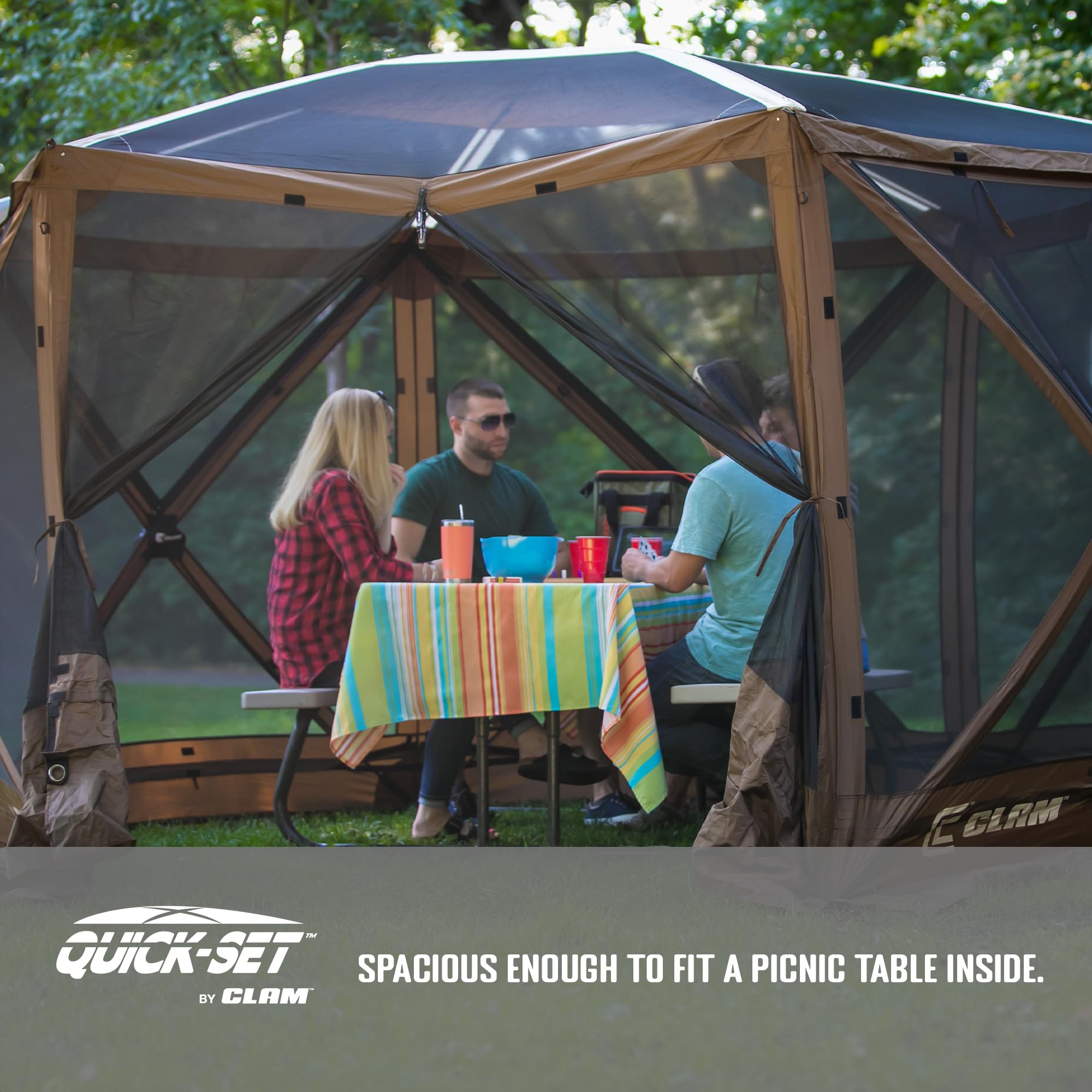 Clam Quick-Set Shelter Sky Screen – 8-Person Pop-Up Tent with Screened Roof for Airflow & Stargazing, 140" x 140", Brown, Instant Setup, Oversized Carry Bag – Camping, Tailgating, Outdoor Use
