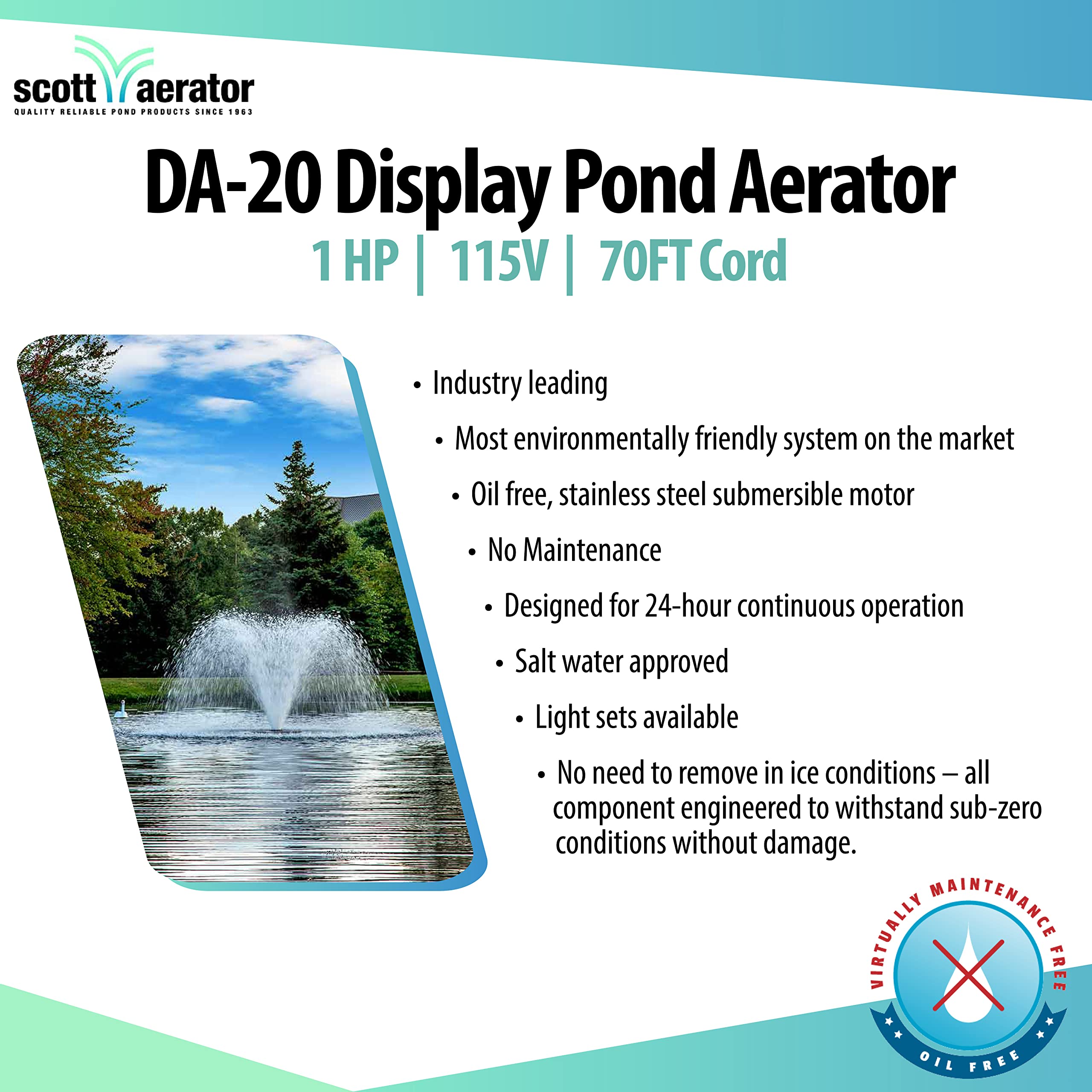 Scott Aerator DA-20 Pond Aerator Display - 1 Horse Power 115V 70ft Cord | Aerating Fountain for up to 1 Acre Ponds | Pump for Small Ponds | Aeration Systems | Made in USA