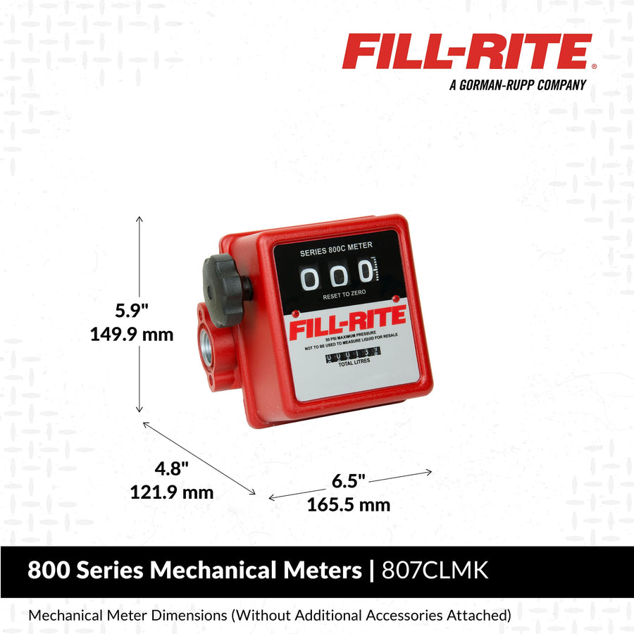 Fill-Rite 3/4" 807CLMK 19-76 LPM Mechanical Meter, Aluminum, Fuel Transfer Liter Meter with Fittings to Mount on FR1200, FR600, SD600, SD1200, and FR700 Series Pumps