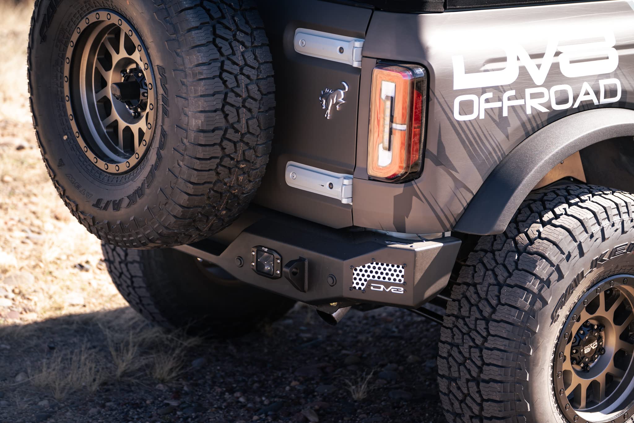 MTO Series DV8 Offroad Rear Bumper for 2021-2025 Ford Bronco | Retains Factory Backup Sensors & Tow Hitch | Accepts 37" Spare Tire on OEM Carrier | Mount (2) 3" Flush Mount Pod Lights