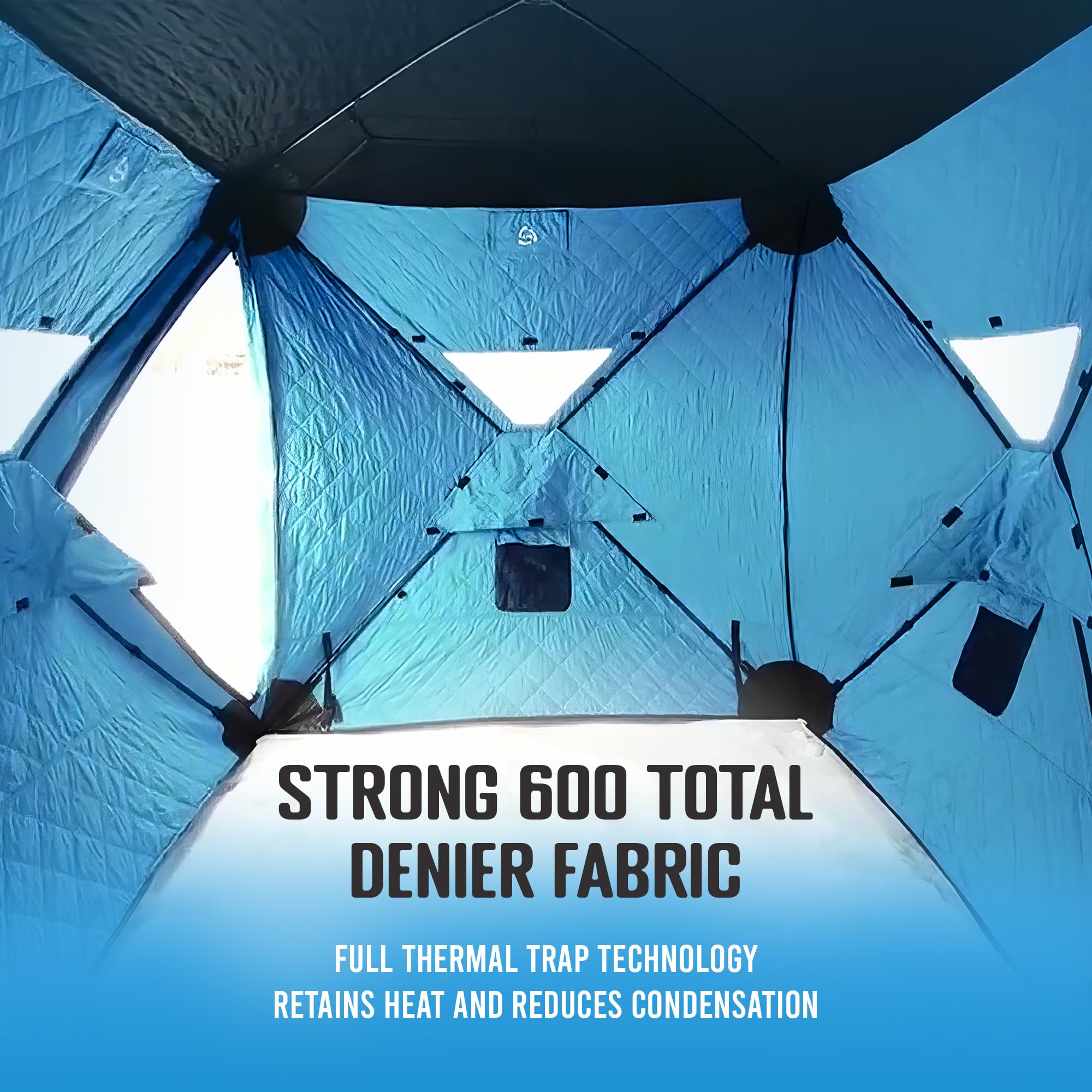Clam C-720 Portable 2-6 Person 6 x 12 Foot Pop-Up Ice Fishing Angler Double Thermal Hub Shelter Tent with Anchors, Tie Ropes, and Carrying Bag