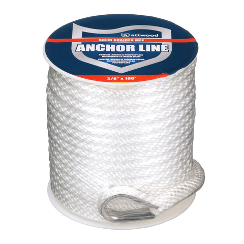 Attwood Solid Braid 11724-1 Multifilament Polypropylene Anchor Line with Thimble 3/8-Inch x 100-Feet, White