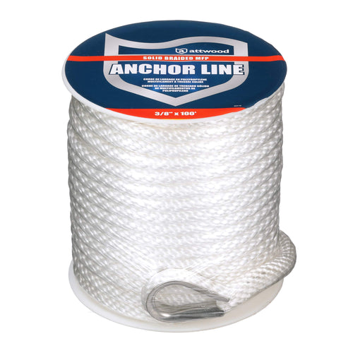 Attwood Solid Braid 11724-1 Multifilament Polypropylene Anchor Line with Thimble 3/8-Inch x 100-Feet, White