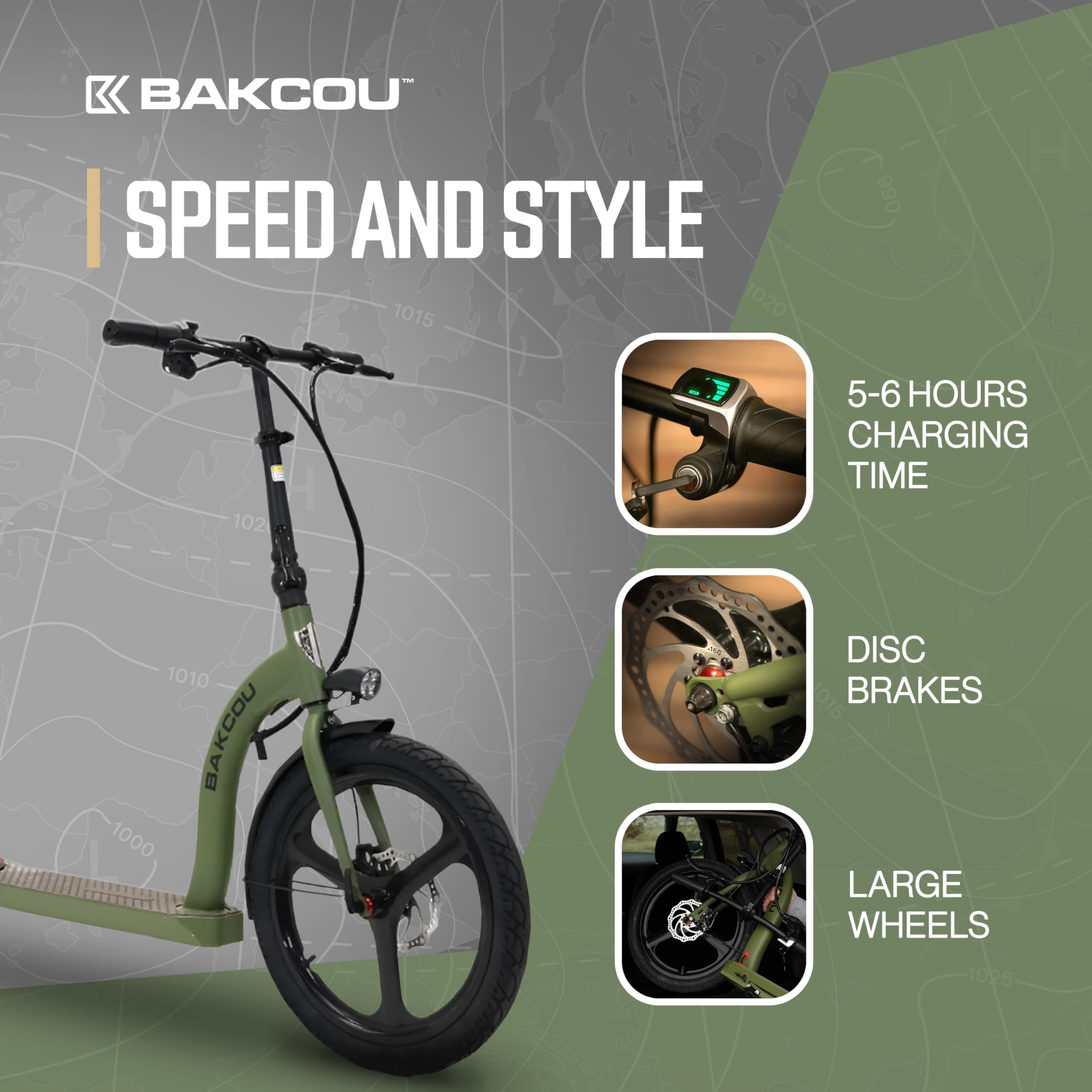 Bakcou - Badger Foldable Electric Scooter with Seat - Matte Green - 350W Motor 36V Battery, Large Wheels, Disc Brakes with Lights, Horn & Charger
