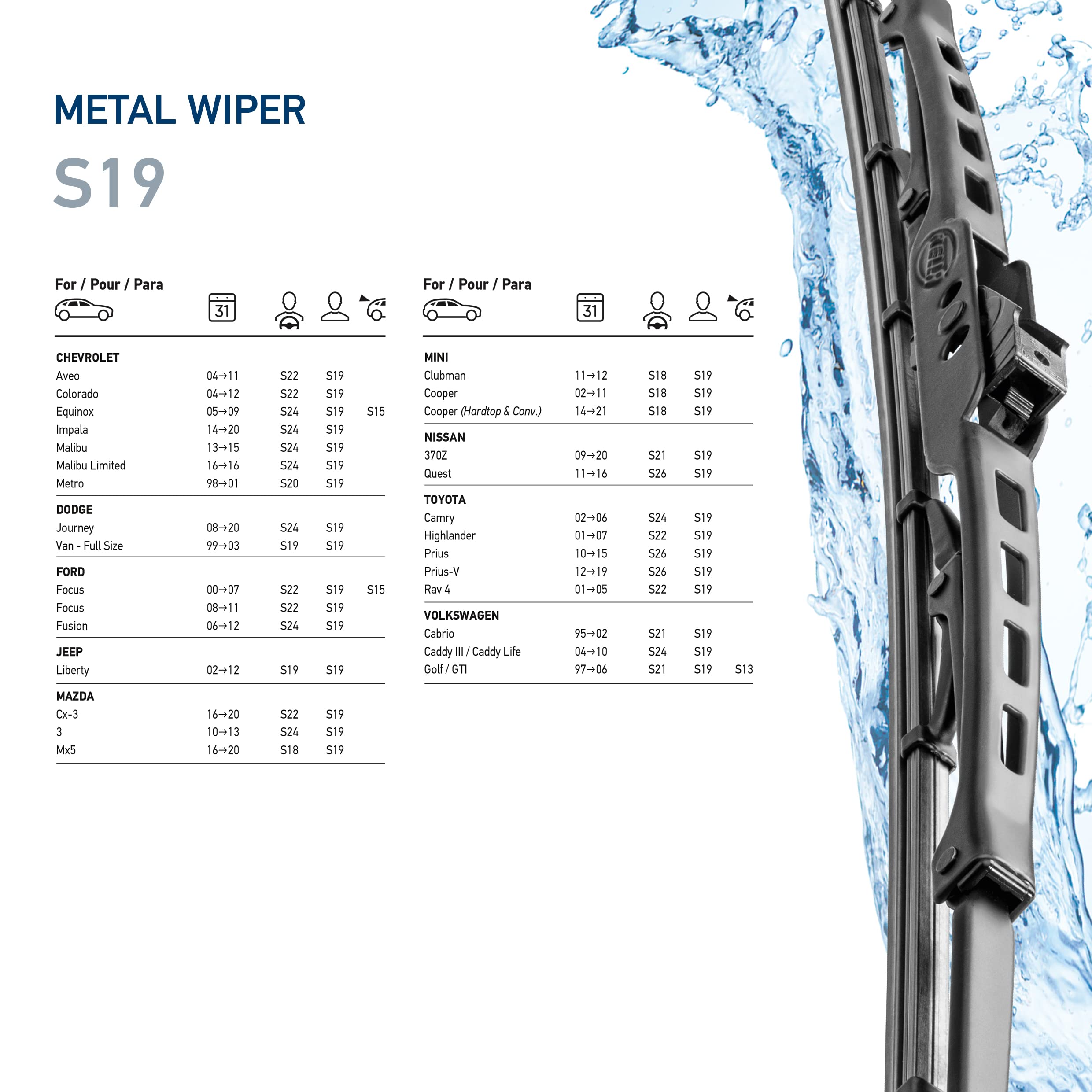 Hella 19 Inch OE Quality All Seasons Streak-Free Rubber Standard Wiper Blade (Single Blade) fit select Chevrolet Dodge Ford Jeep Mazda Mini Nissan Toyota Volkswagen / 9XW398114019