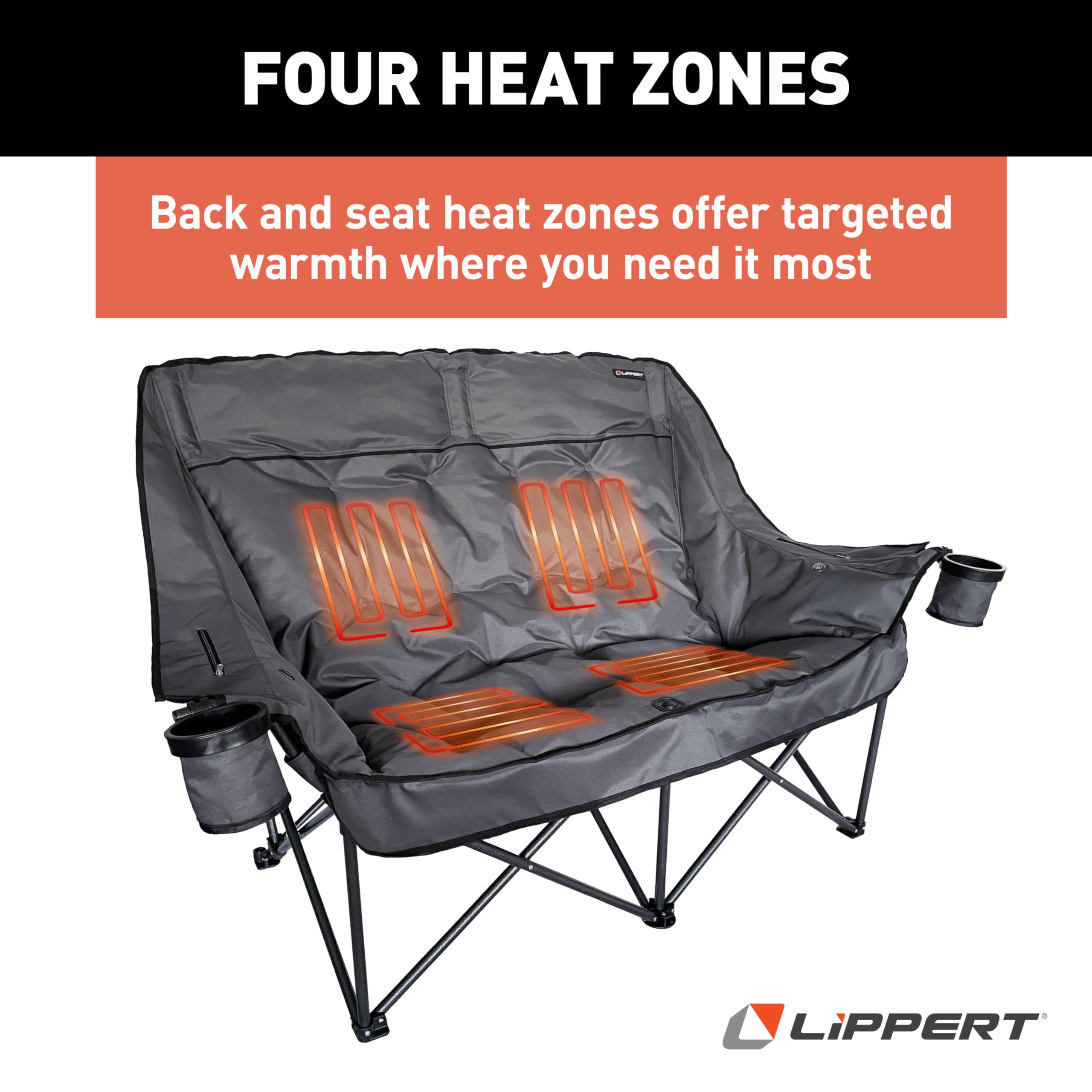 Lippert Heated Big Bear Dark Grey Folding Camping Loveseat with Power Banks, Four Heat Zones, 600-lb. Weight Capacity, 600D Polyester Fabric, High-Loft Cushioning, Zippered Carrying Bag - 2024043335