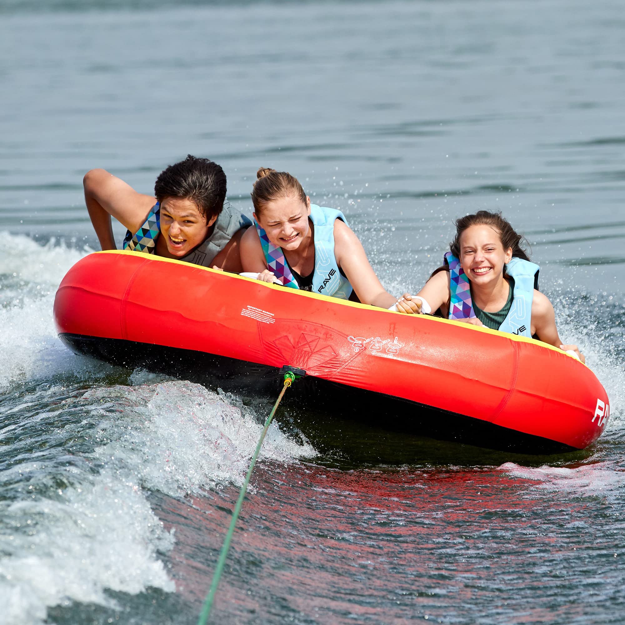 RAVE Sports Inflatable Diablo III Towable Tube, 1-3 Riders, Leg Bumpers for Safety, Foam-Filled Reinforced Handles, Quick Connect Tow Point, Deep Water Boarding Strap, Boat-Tubes