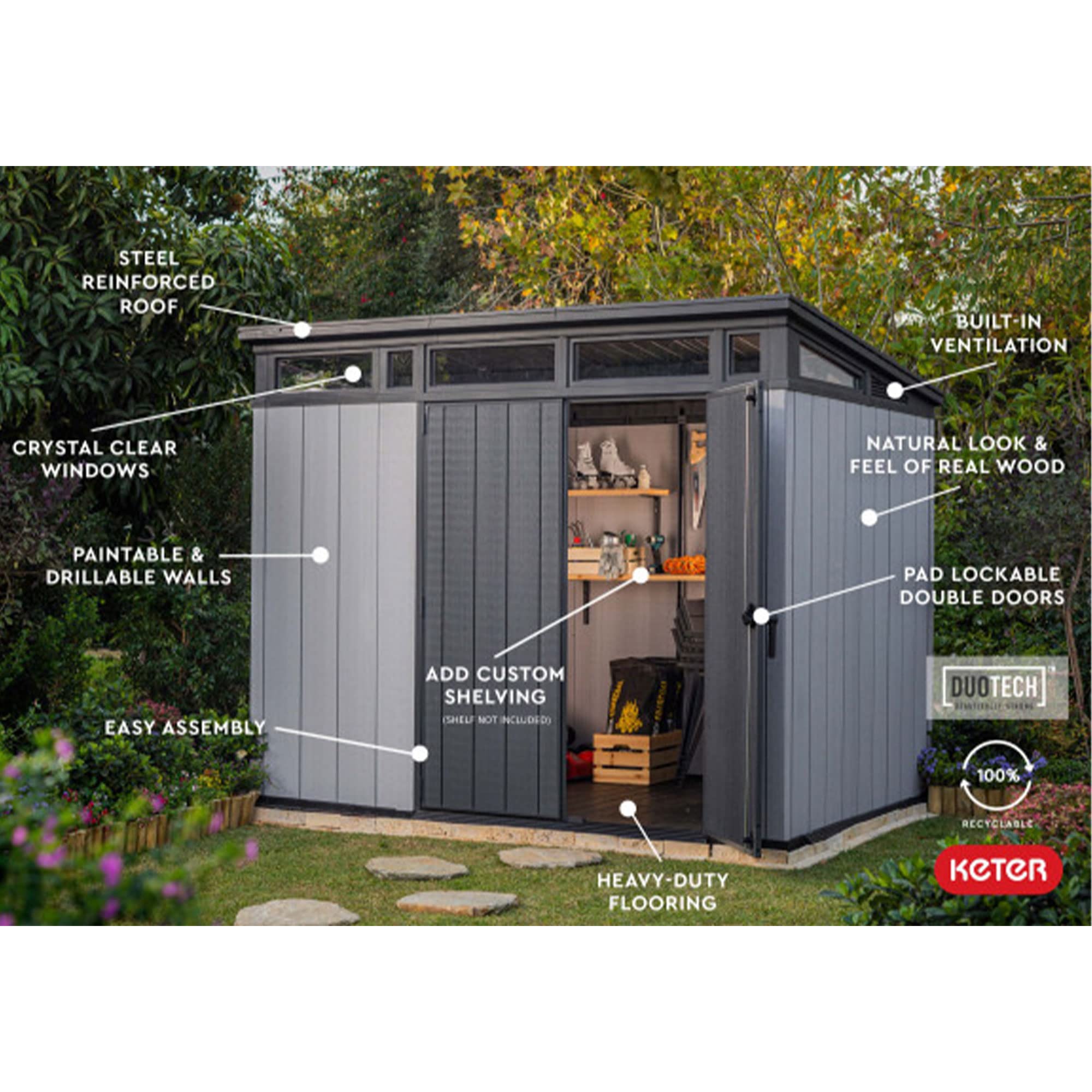 Artisan Keter 9x7 Foot Large Outdoor Shed with Floor with Modern Design for Patio Furniture, Lawn Mower, Tools, and Bike Storage, feet, Grey/Black