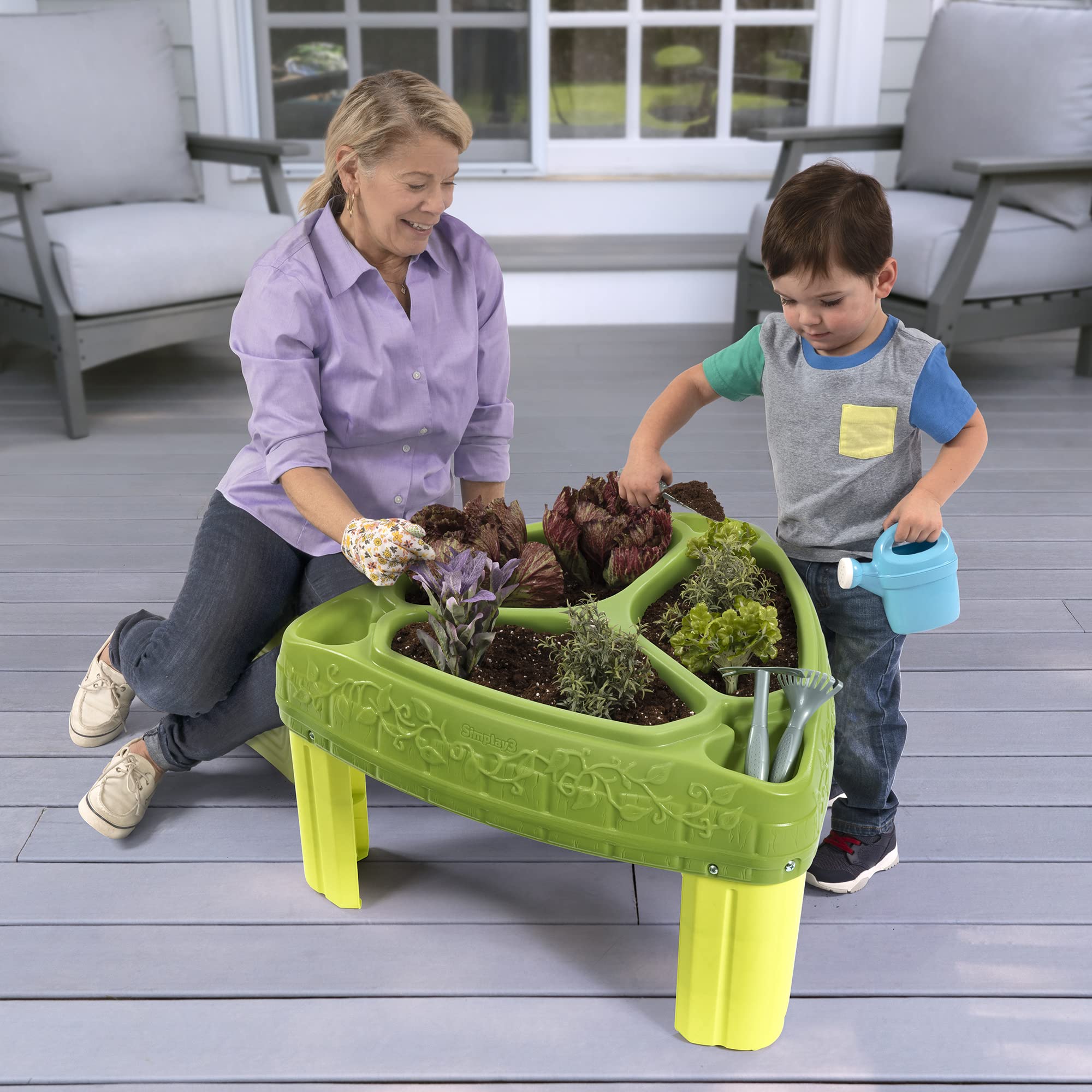 Simplay3 Raised Garden Planter Seed to Sprout, Kids Outdoor Kit with Garden Tools for Growing Flowers or Vegetables, Green, Made in USA