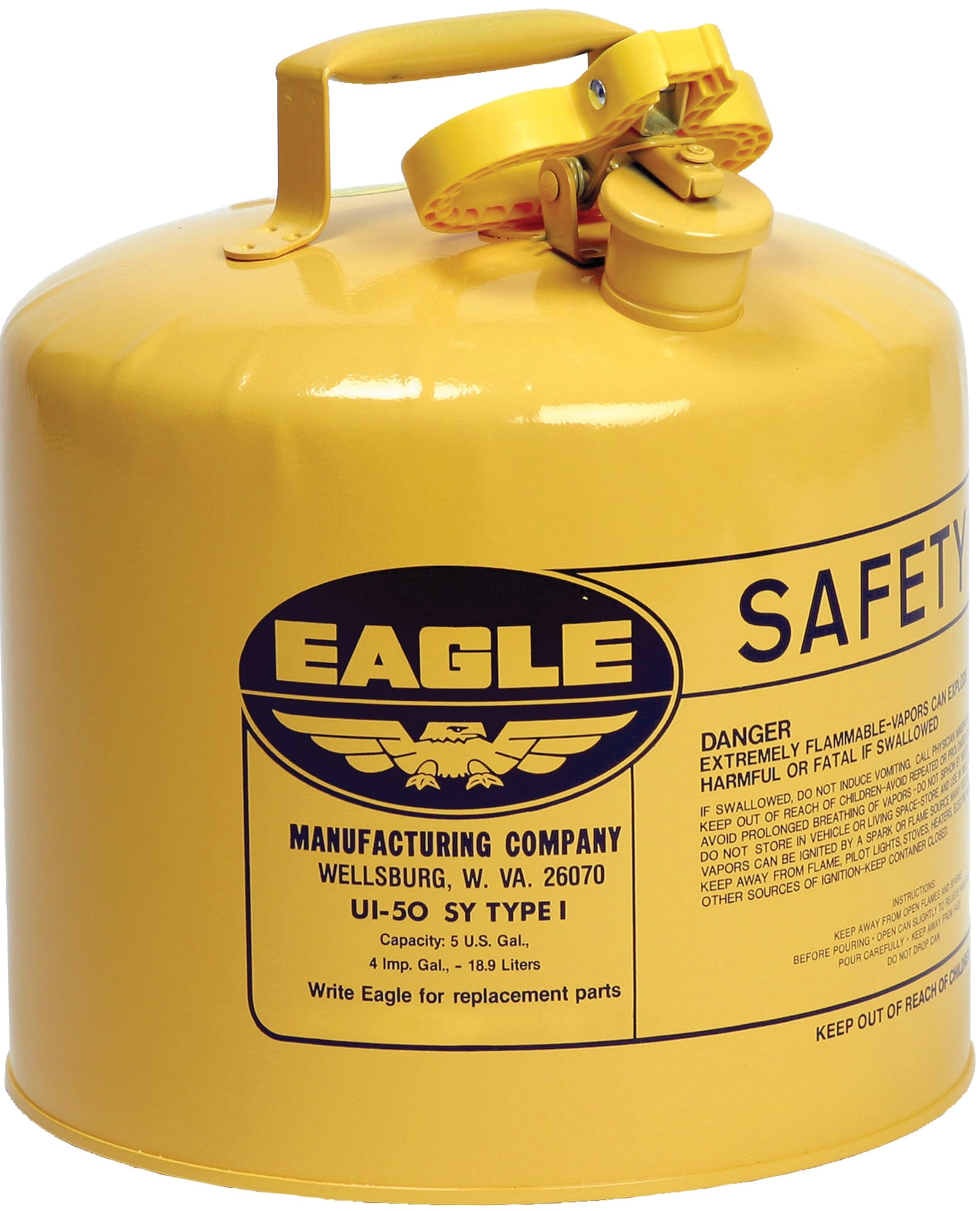 Eagle 5 Gallon Yellow Type I Safety Gas Can for Diesel with Flame Arrester and Self-Closing Lid, Made in the USA, Galvanized Steel Flammable Storage Can, UI50SY