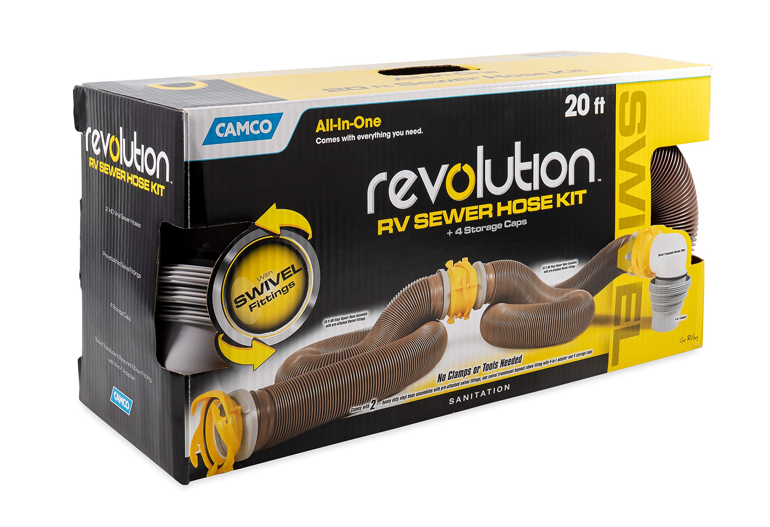 Revolution Camco 20' Sewer Hose Kit with 360 Degree Swivel Fittings and 4-in-1 Elbow Adapter, Ready to Use Kit with Hose and Adapter
