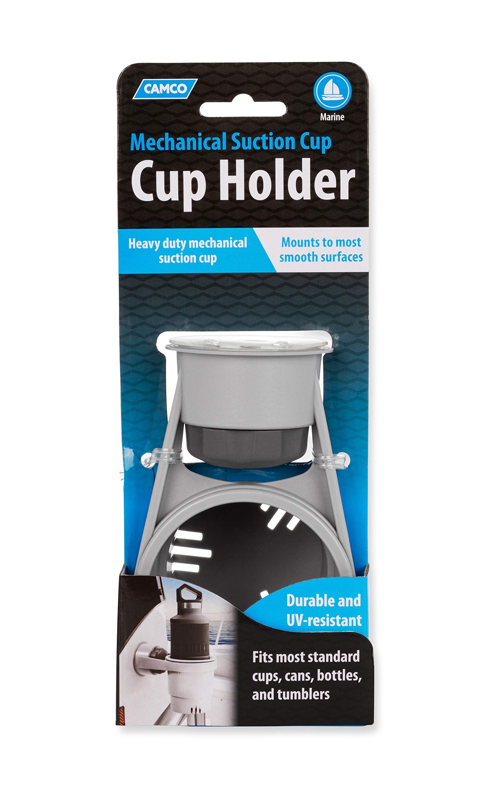 Cup Holder Camco with Mechanical Suction Cup - Provides a Secure Location for Your Beverage - Compatible with Most Cups, Cans, Bottles and Tumblers - Gray (53091)