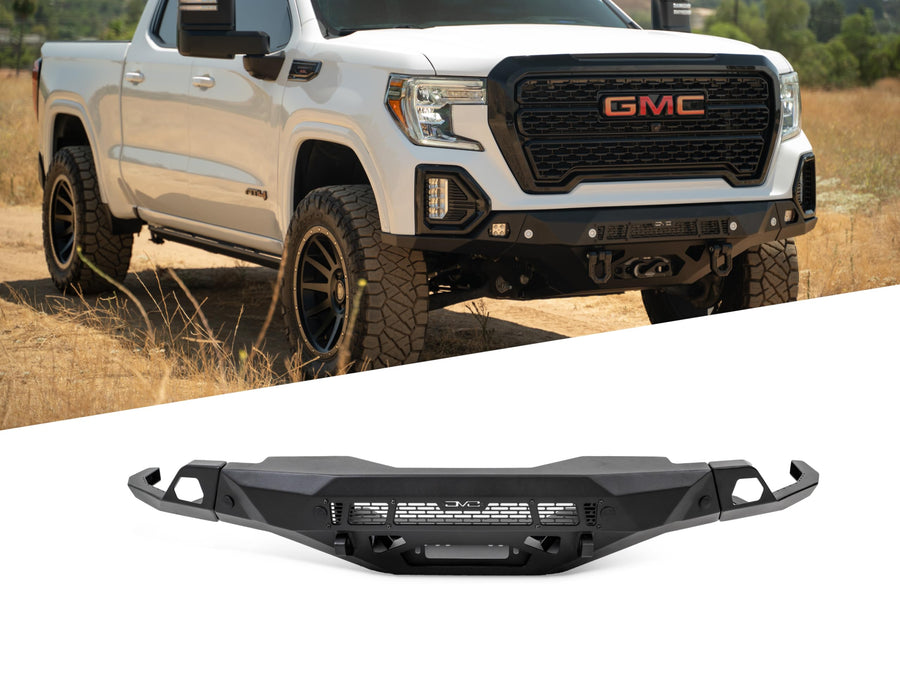 Front Bumper DV8 Spec Series for 2019-2021 GMC Sierra 1500 | Steel Front Skid Plate | One 20" Light Bar Mount | Two 3" Pod Light Mounts | Heavy-Duty Winch Mount | 2 D-Ring Mounts | Powder Coated Black