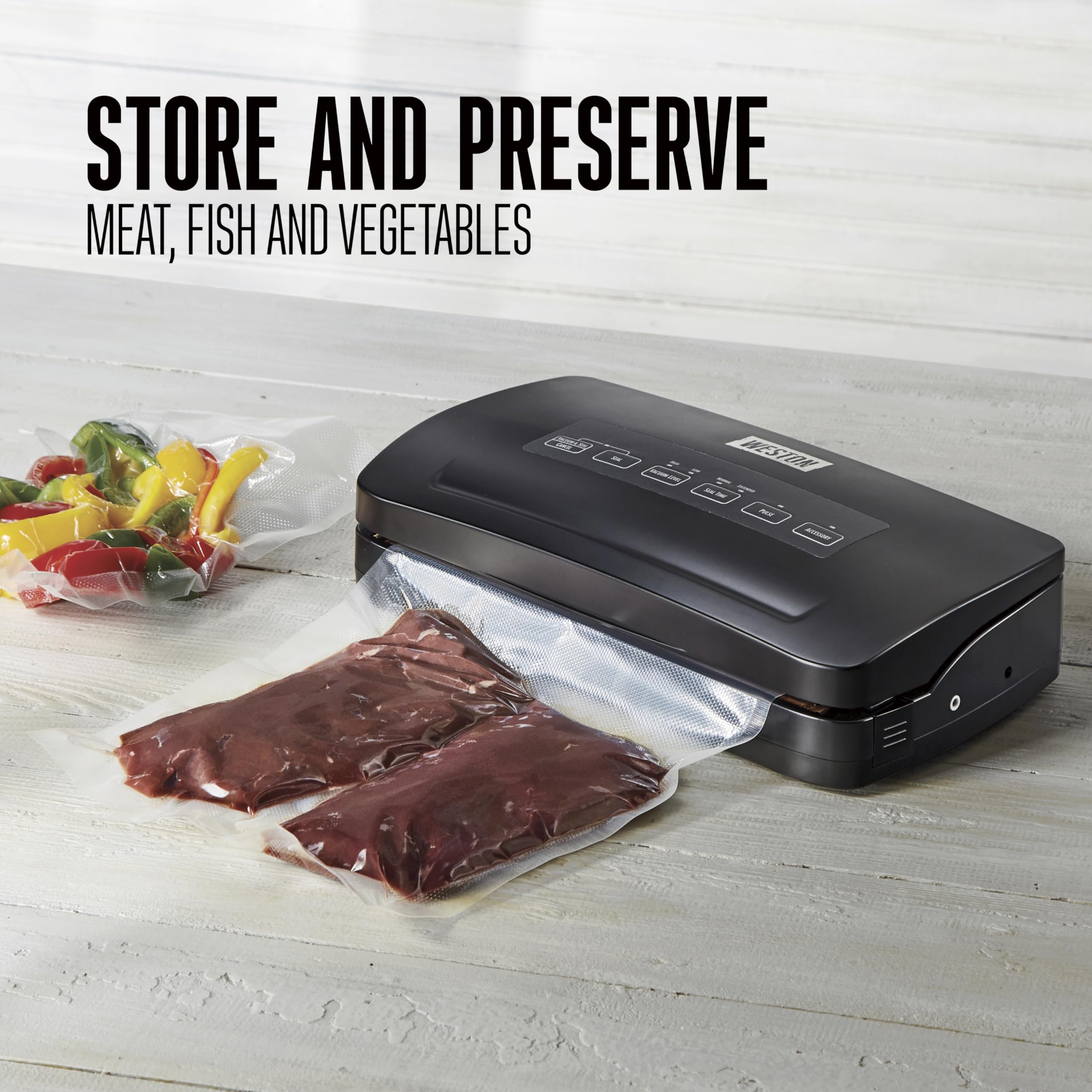 Vacuum Sealer Machine Weston Brands for Food Preservation & Sous Vide, Seals Bags up to 11” Wide, 110 Watts, 22.5” HG Strength, Includes Roll Storage and Starter Pack, Black (65-3001-W)