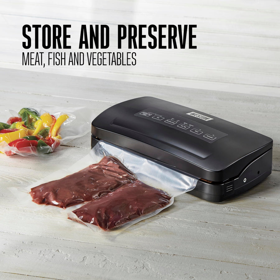Vacuum Sealer Machine Weston Brands for Food Preservation & Sous Vide, Seals Bags up to 11” Wide, 110 Watts, 22.5” HG Strength, Includes Roll Storage and Starter Pack, Black (65-3001-W)
