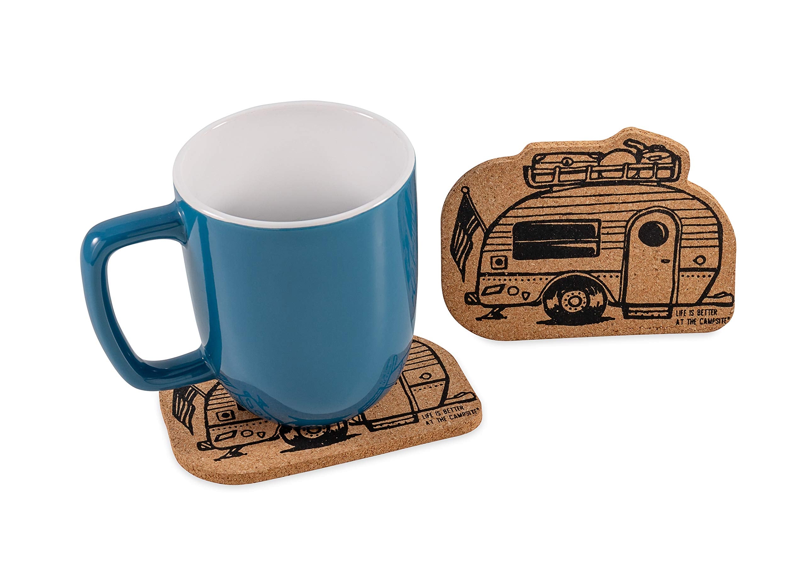 Camco Coasters Life is Better at The Campsite - Features Unique RV Themed Design & Crafted of Cork - Prevents Water Rings & Water Marks on Furniture - 2-Pack (53384)