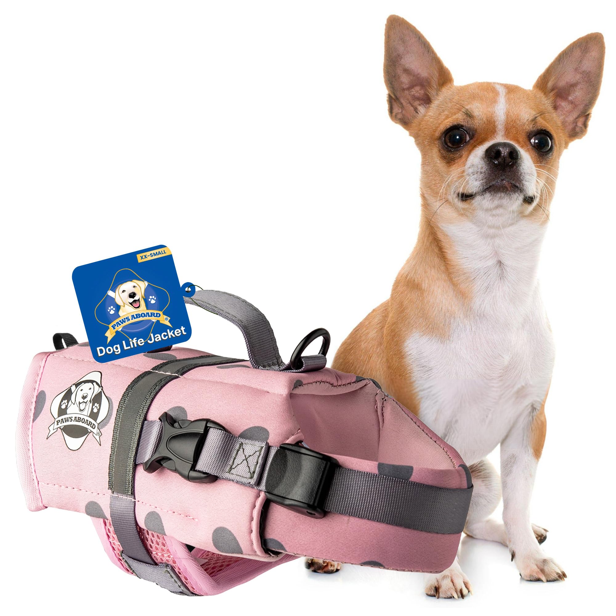 Dog Life Jacket Paws Aboard - Swimming Vest for Dogs, Adjustable, Reflective, Comfortable, Multiple Colors, Patterns, XX-Small to Extra Large Dog Swim Vest with Handle (Pink/Silver, XX-Small)