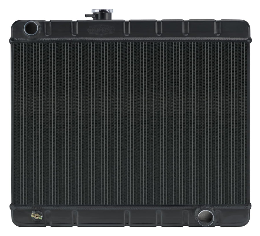 Cold Case Radiator, 25.25 in W Black Night Rider Series x 20.125 in H x 3 in D, Driver Side Inlet, Passenger Side Outlet, Aluminum, Black Paint, Manual, GM A-Body 1966-67, Each