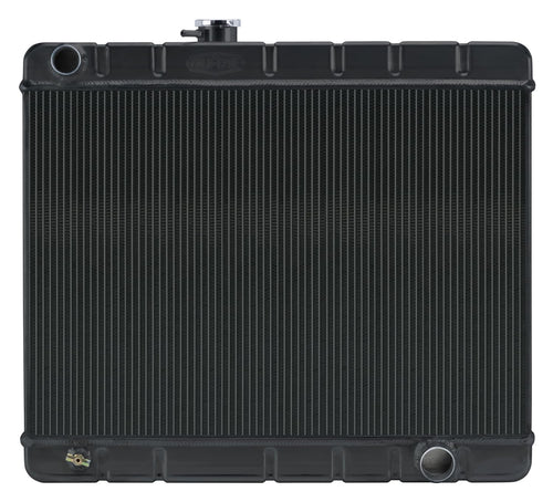 Cold Case Radiator, 25.25 in W Black Night Rider Series x 20.125 in H x 3 in D, Driver Side Inlet, Passenger Side Outlet, Aluminum, Black Paint, Manual, GM A-Body 1966-67, Each
