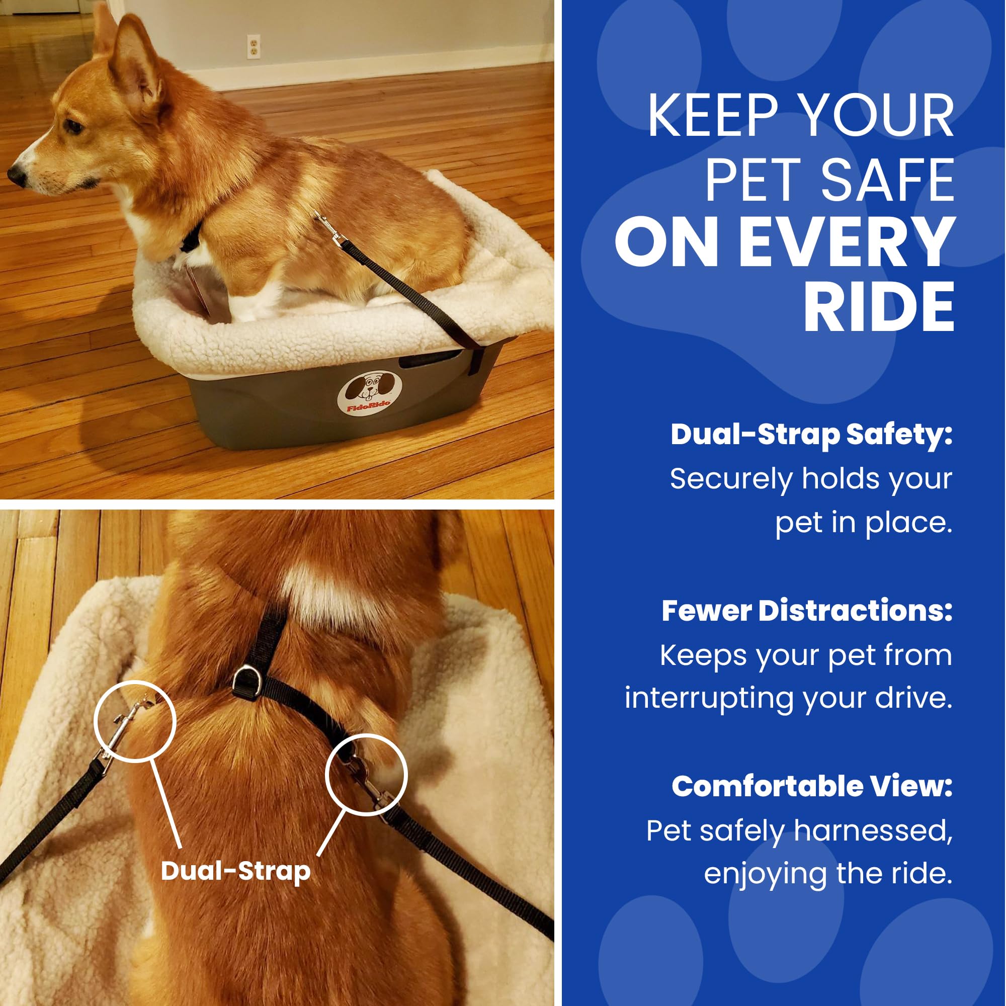 Dog Car Seat FidoRido - Booster Seat for Small to Large Dogs with Comfortable Cushions, Sherpa Cover, and Safety Straps, Easy to Install, and Ideal for Travel, White Sherpa - Small Harness