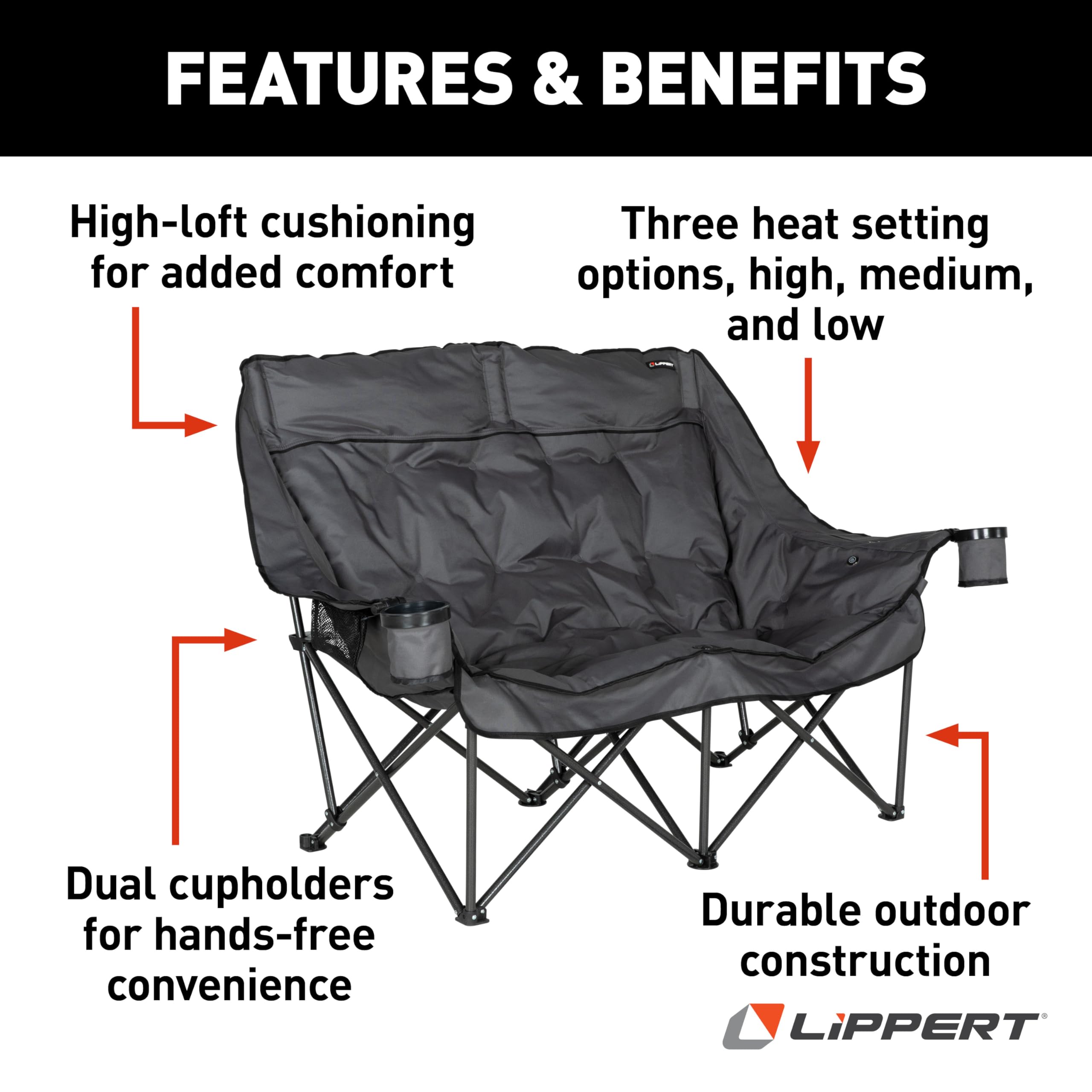 Lippert Heated Big Bear Dark Grey Folding Camping Loveseat with Power Banks, Four Heat Zones, 600-lb. Weight Capacity, 600D Polyester Fabric, High-Loft Cushioning, Zippered Carrying Bag - 2024043335