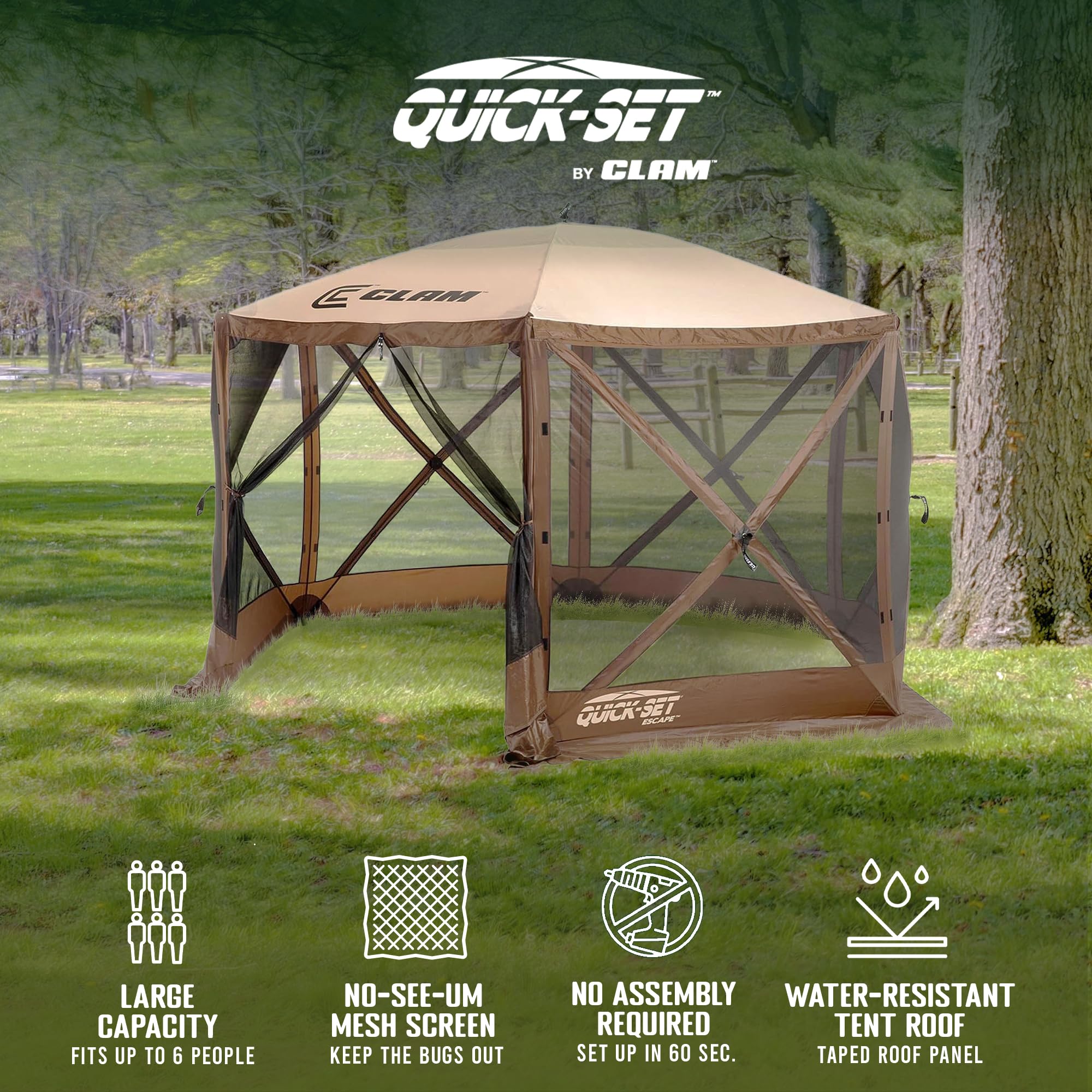 Pop Up CLAM Screen Tent, Outdoor Camping Gazebo Canopy, Escape, 11.5', Brown - Heavy-Duty Portable Screened Shelter with Netting for Beach, Patio, and Backyard