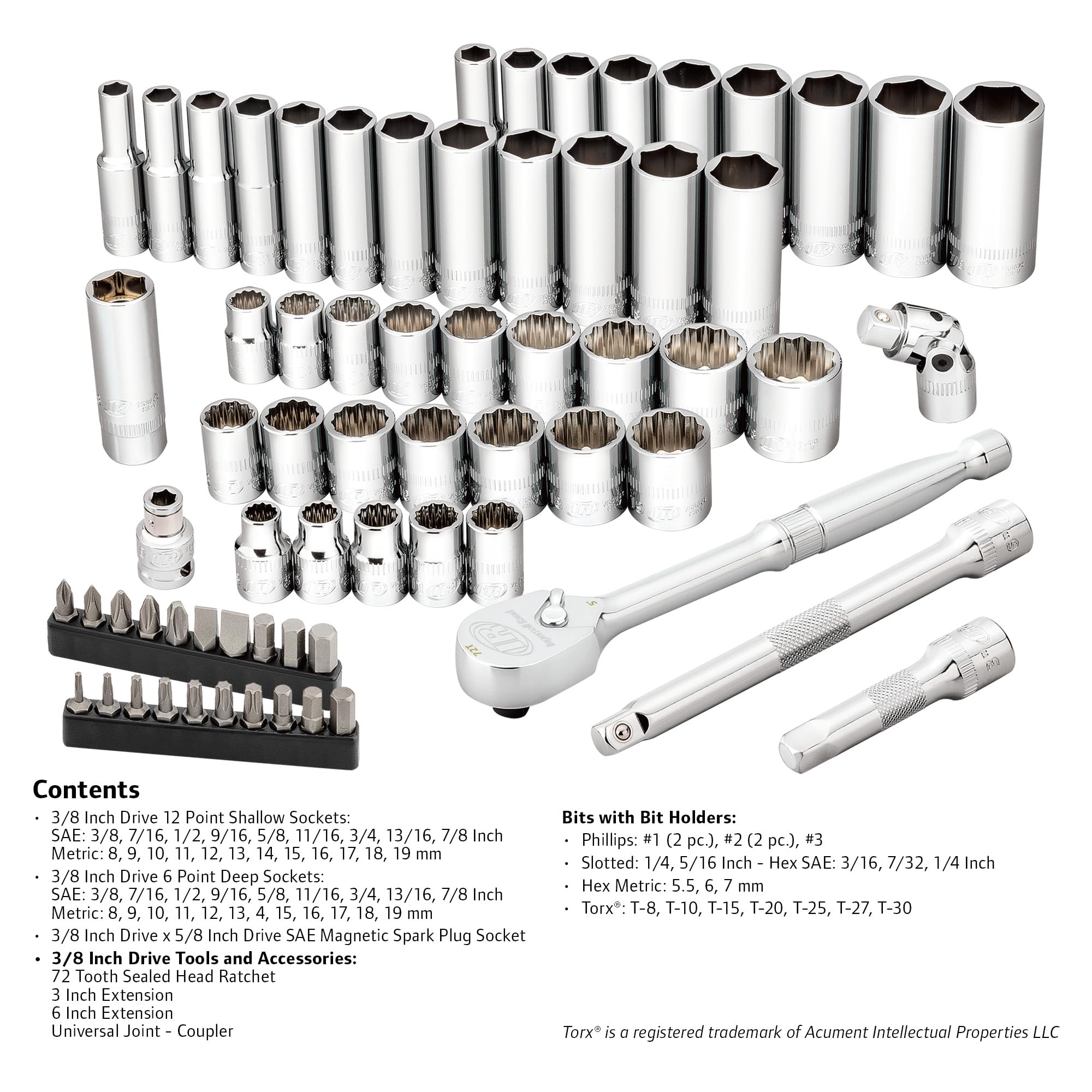 Ingersoll Rand 3/8-Inch Drive 68 Piece Metric/SAE Mechanics Tool Set, 72 Tooth Seal Headed Ratchet Handle, Chrome-Vanadium Steel Shallow/Deep Sockets, Universal Joint Socket - 752018