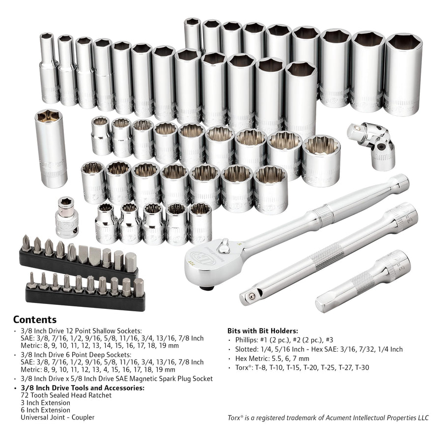 Ingersoll Rand 3/8-Inch Drive 68 Piece Metric/SAE Mechanics Tool Set, 72 Tooth Seal Headed Ratchet Handle, Chrome-Vanadium Steel Shallow/Deep Sockets, Universal Joint Socket - 752018