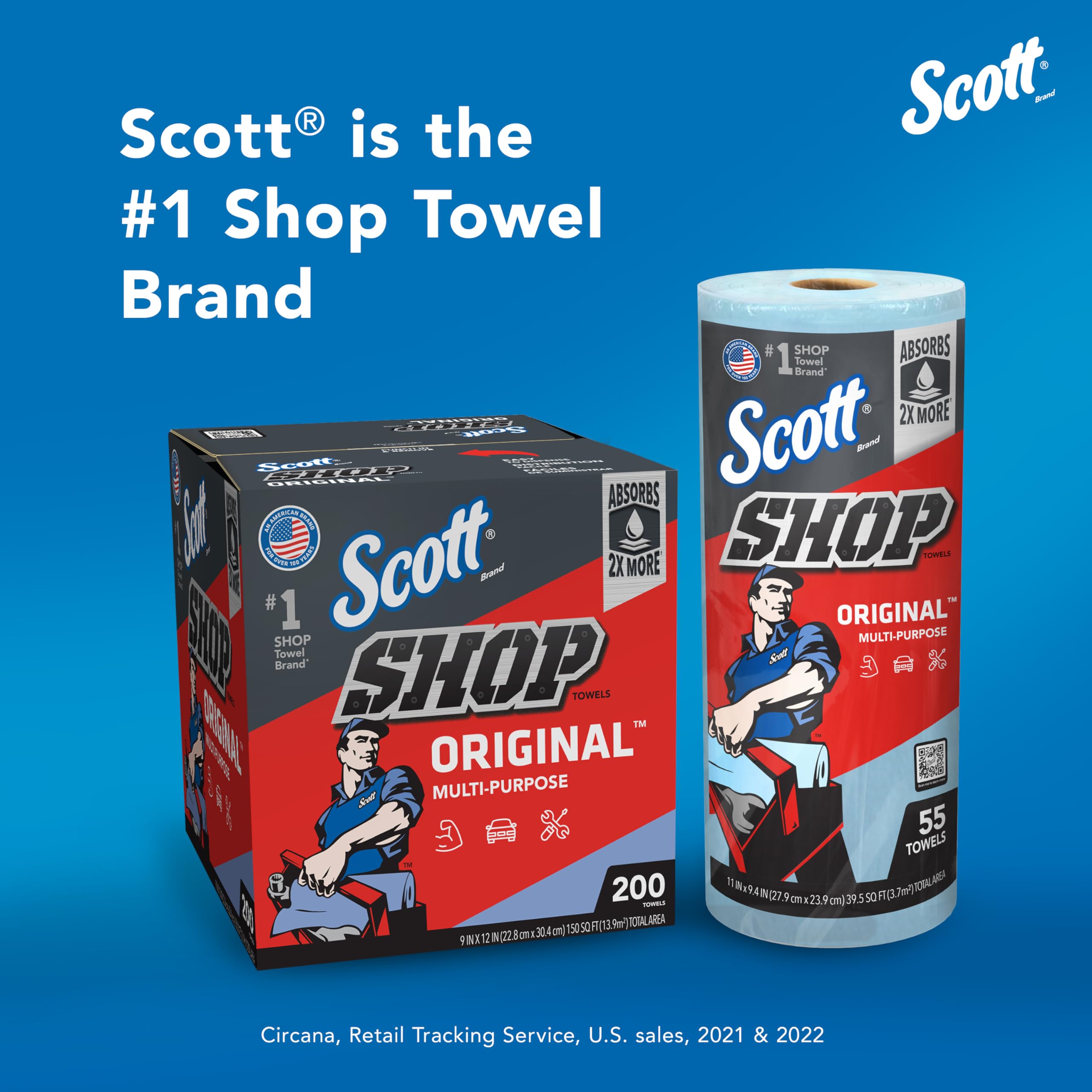 Scott Original Shop Blue Towels (75130), 9.4"x11" Cloth-like Paper Towel (30 Rolls of 55 Sheets, 1,650 Sheet Total)