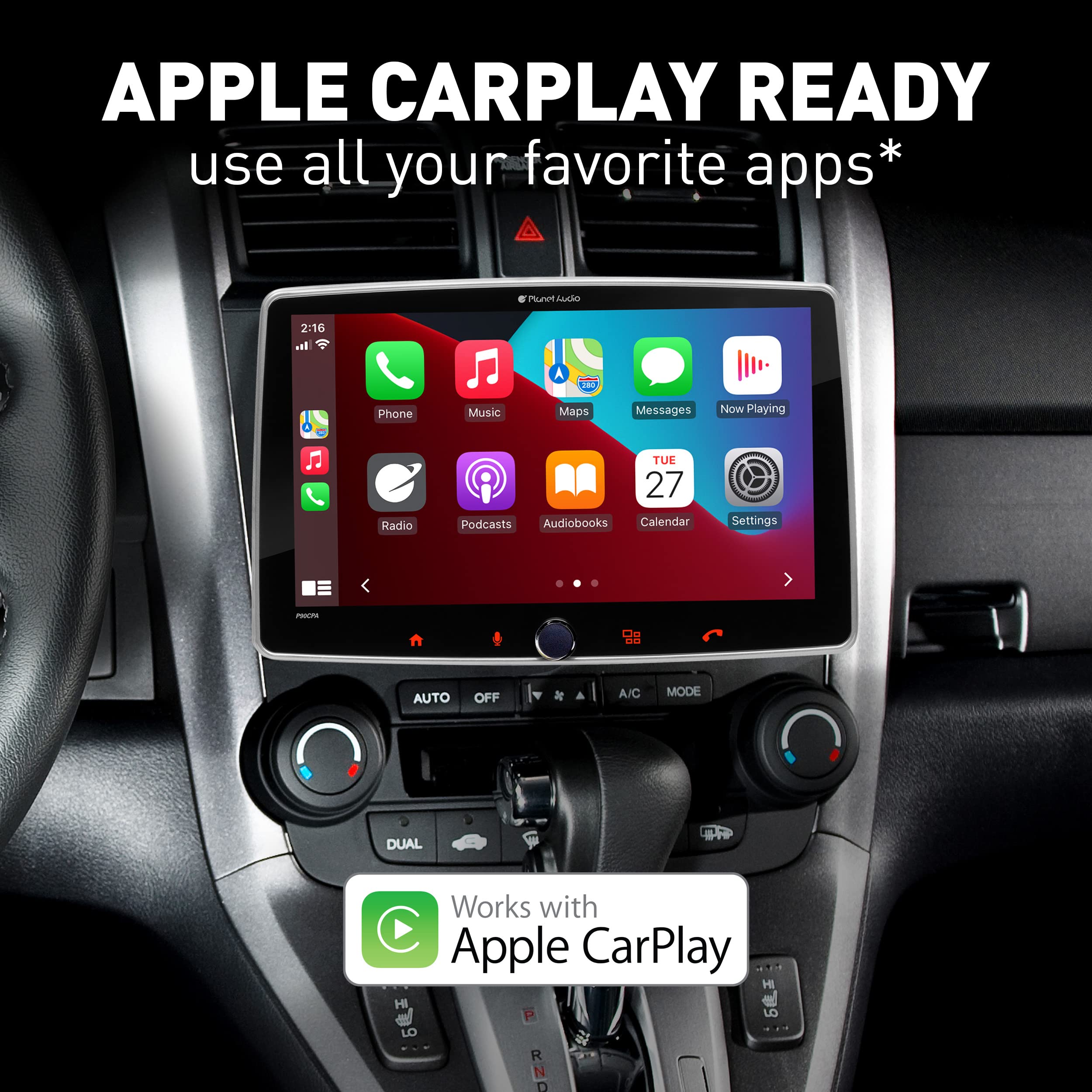 Apple CarPlay Planet Audio P90CPAC Android Auto Car Receiver - Single Din with 9 Inch Capacitive Touchscreen, Rear Camera Included, Bluetooth, No DVD, Multicolor Illumination